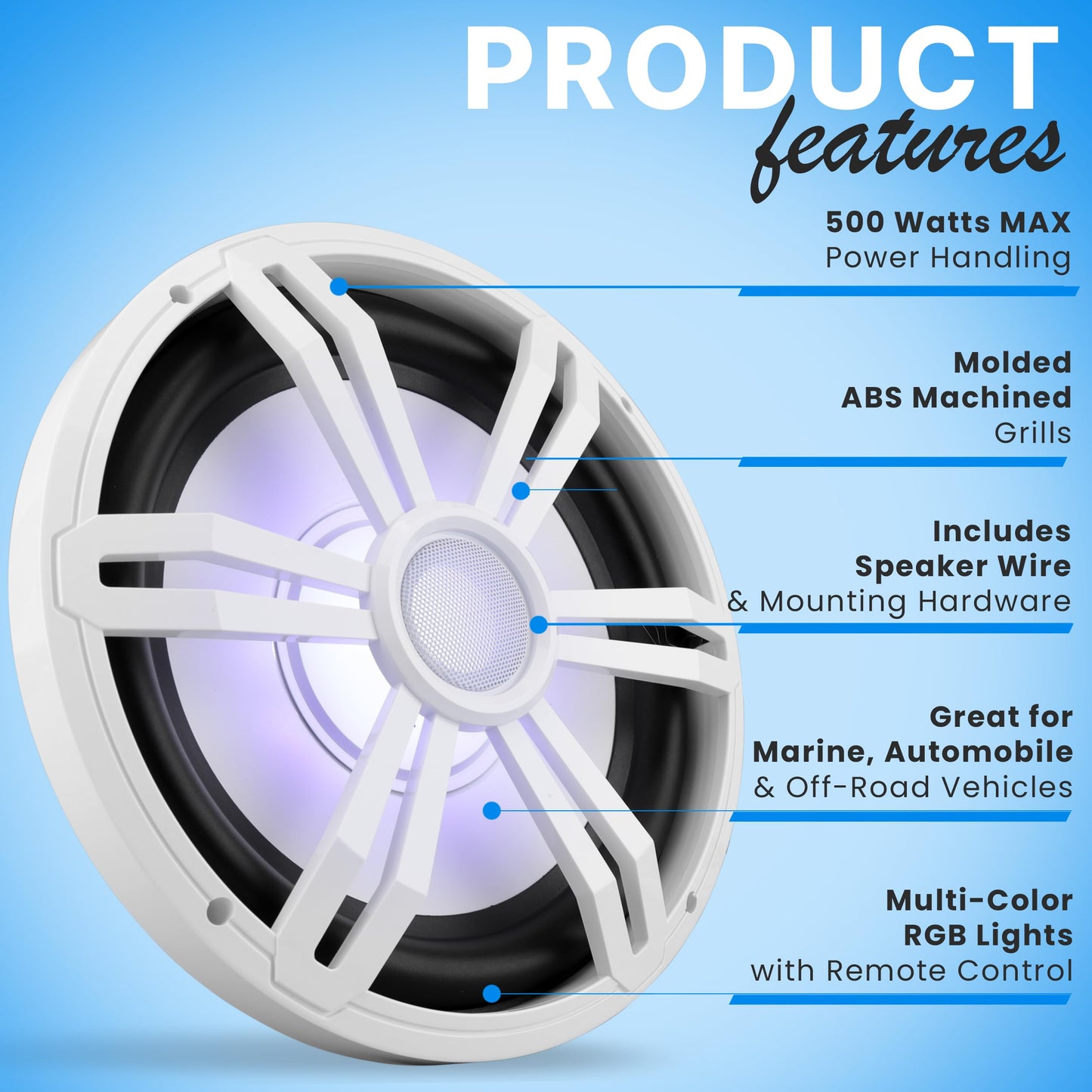 Pyle 12” Slim Marine Subwoofer - 500W 4 Ohm Waterproof Car Component Speaker System, Low Profile PP Cone w/ Rubber Edge, 50 Oz Magnet 2.5" Voice Coil, RGB Lights, For Boat Truck Mobile Vehicle (White)