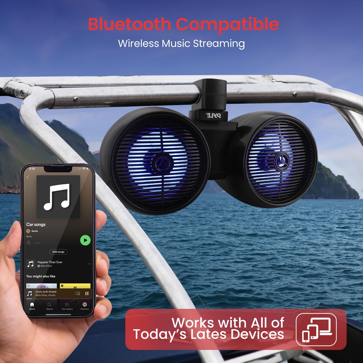 Pyle Dual Bluetooth Off-Road Speakers - 8” 300W 2-Way Marine Waterproof Wakeboard Tower Sound System w/LED Light, Full Range Outdoor Stereo Speaker for Car ATV Jeep Boat, Includes Brackets (Black)
