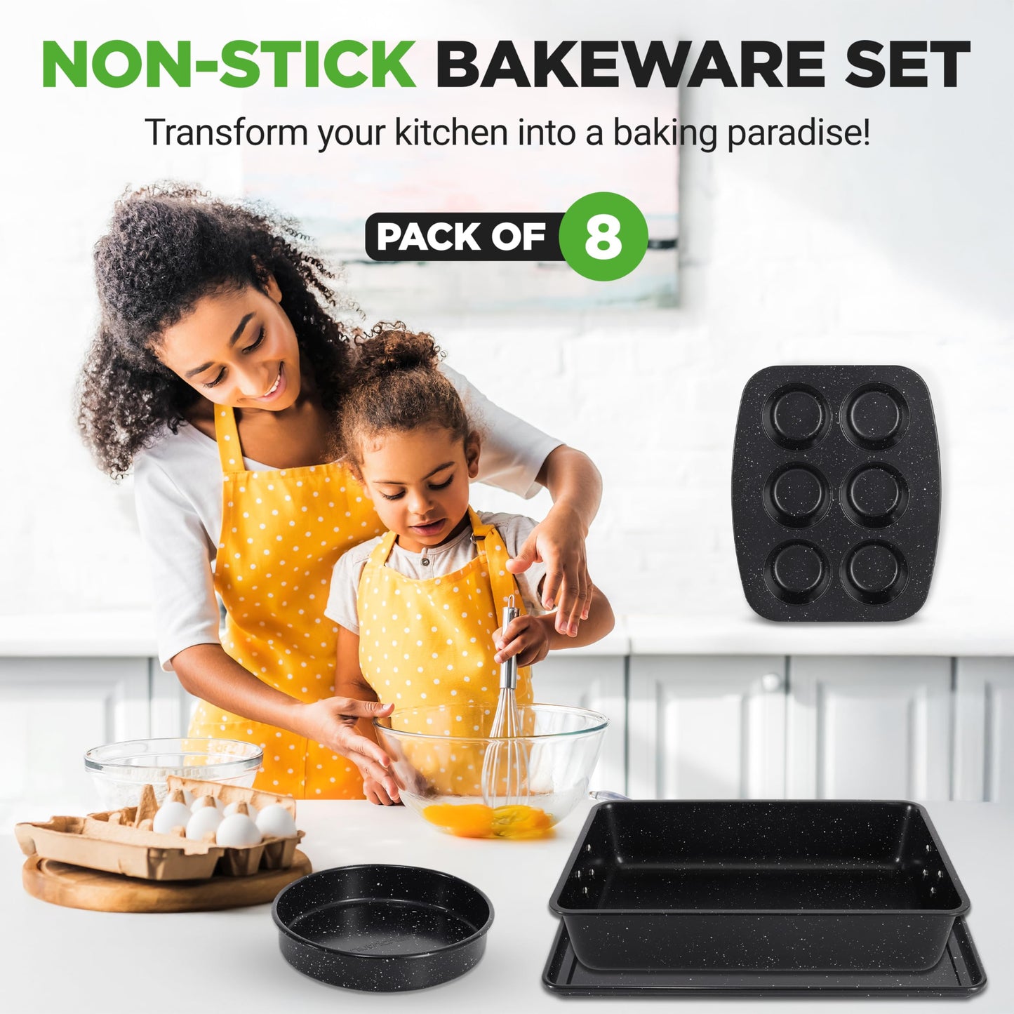 NutriChef 8-Piece Stackable Bakeware Set | Carbon Steel Non-Stick Baking Pan Set | Includes Sheet, Muffin, Round, Loaf, Square Cake & Deep Pans | No PFOA & PFOS | Oven Safe to 450 F (Black Marble)