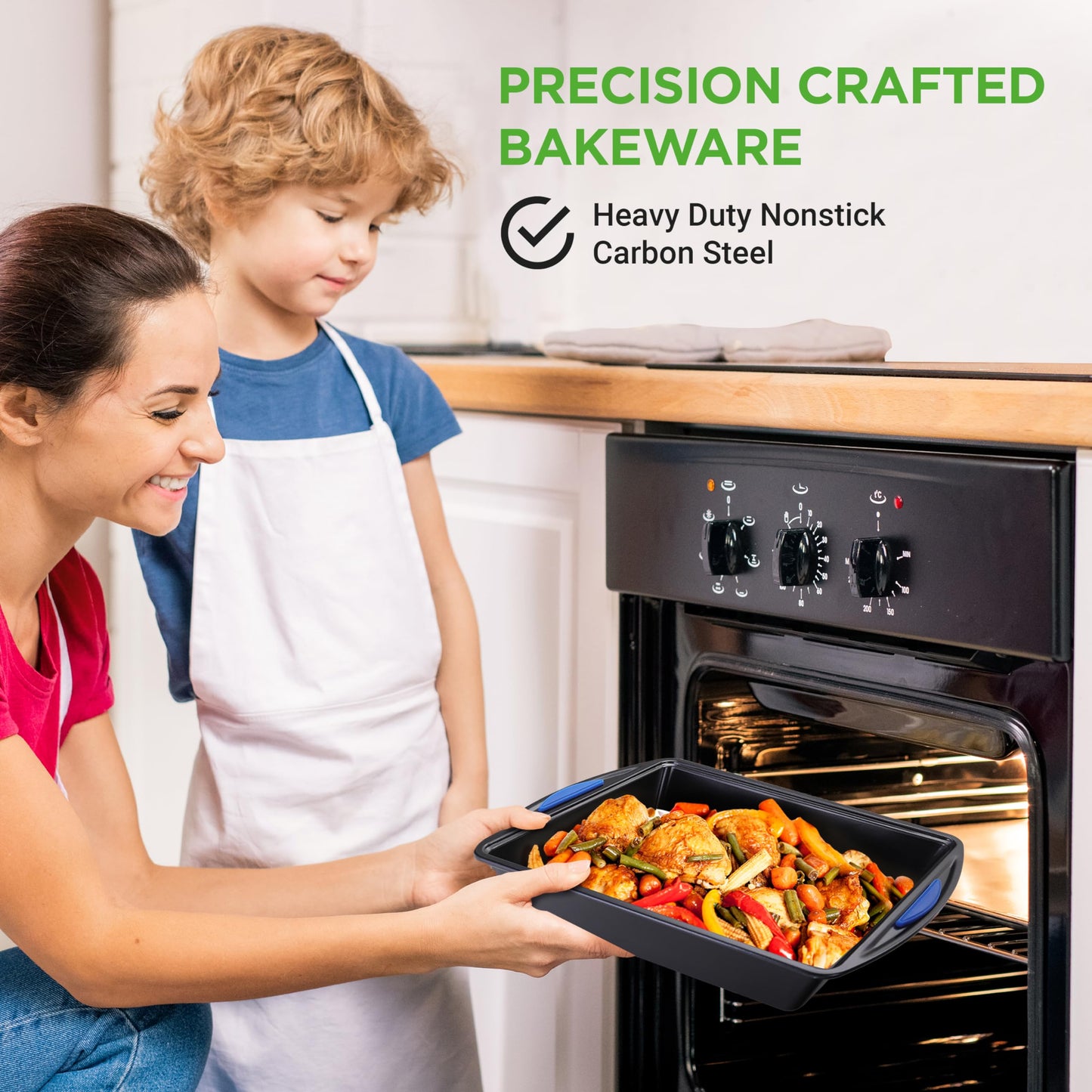 NutriChef 3-Piece Nonstick Cookie Sheets for Baking – Carbon Steel Stackable Bakeware Set w/ Silicone Handles - Non Toxic Baking Pan - Durable & Wrap Resistance, Oven Safe - Easy cleanup