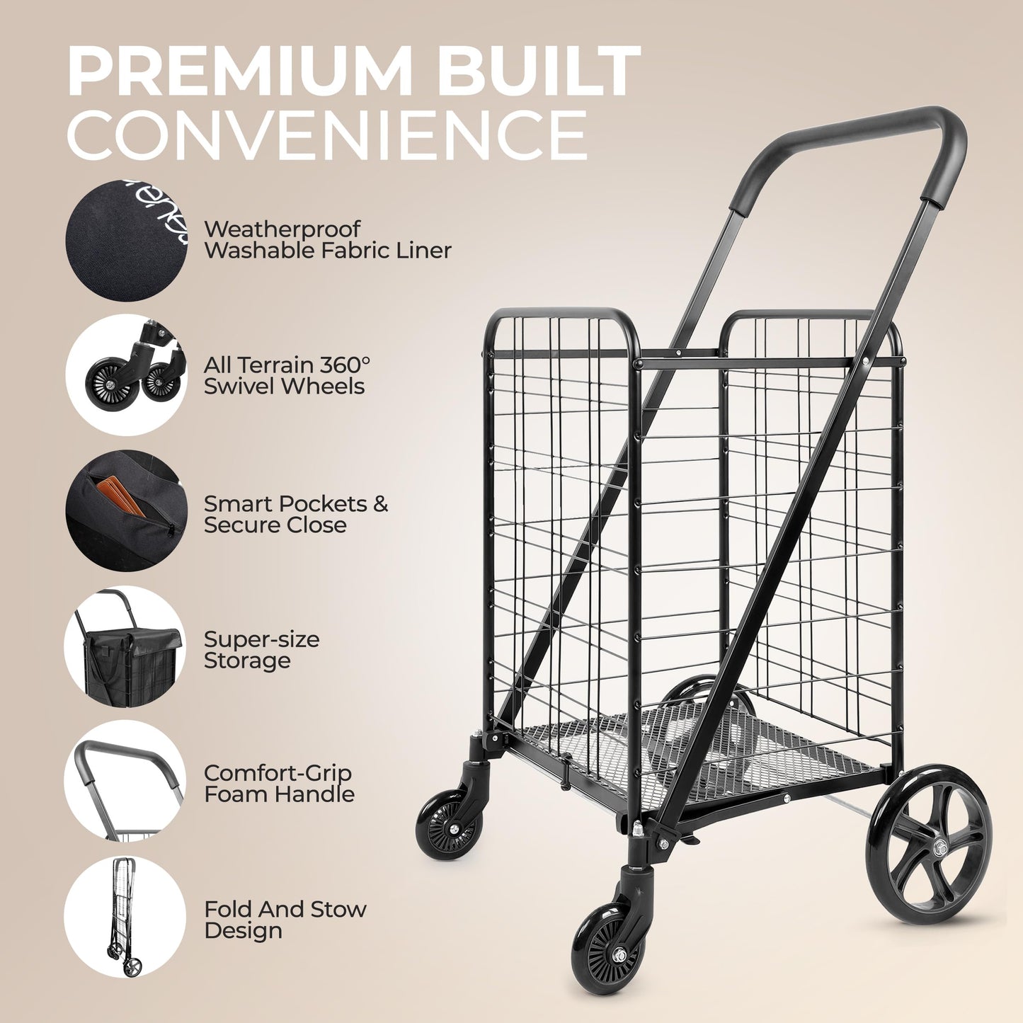 SereneLife Small Compact Folding Shopping Cart with Removable Waterproof Liner – 360° Swivel Wheels, Rust‑Proof Steel Frame, 70 lb Capacity – Portable Grocery, Laundry & Travel Cart (Black)