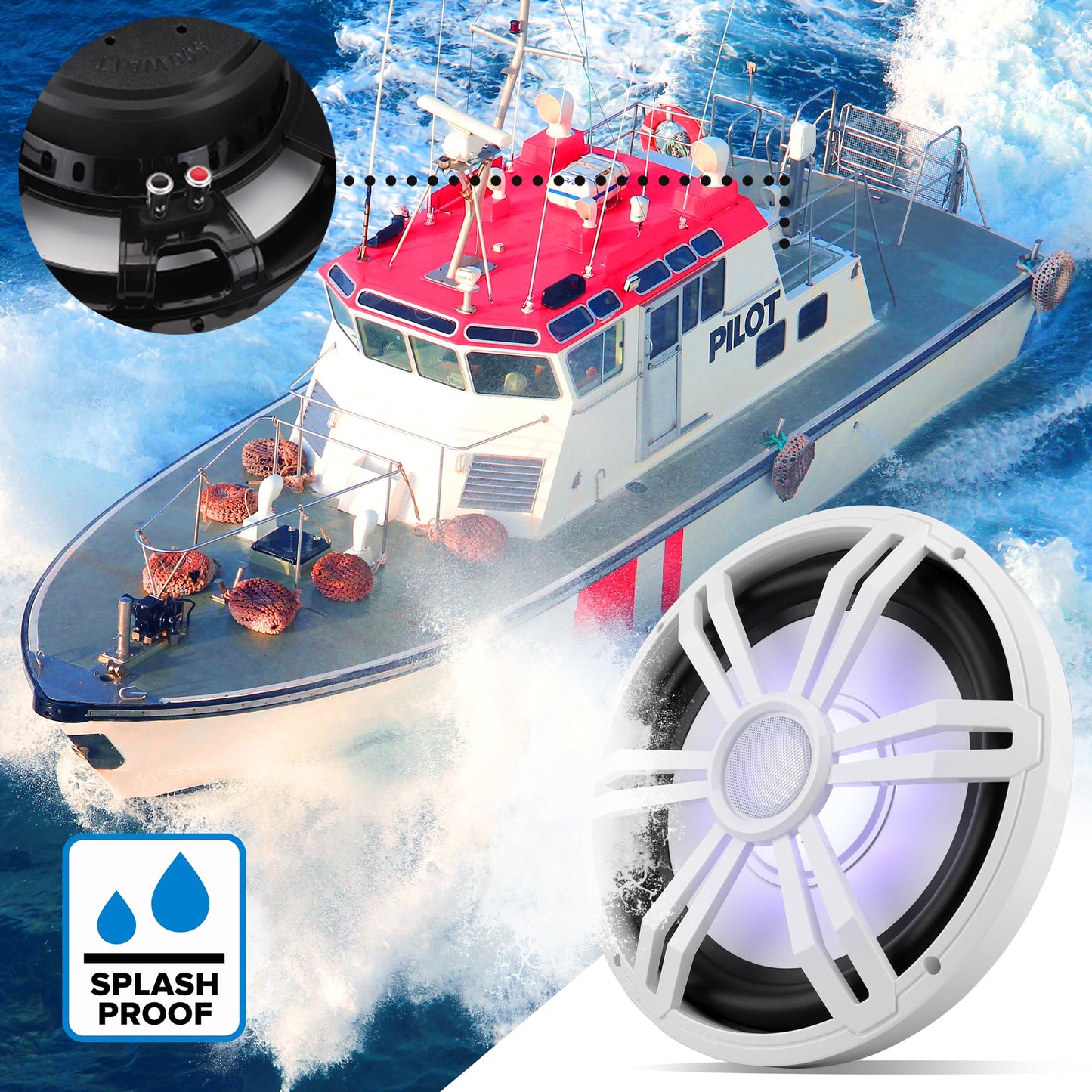 Pyle 12” Slim Marine Subwoofer - 500W 4 Ohm Waterproof Car Component Speaker System, Low Profile PP Cone w/ Rubber Edge, 50 Oz Magnet 2.5" Voice Coil, RGB Lights, For Boat Truck Mobile Vehicle (White)