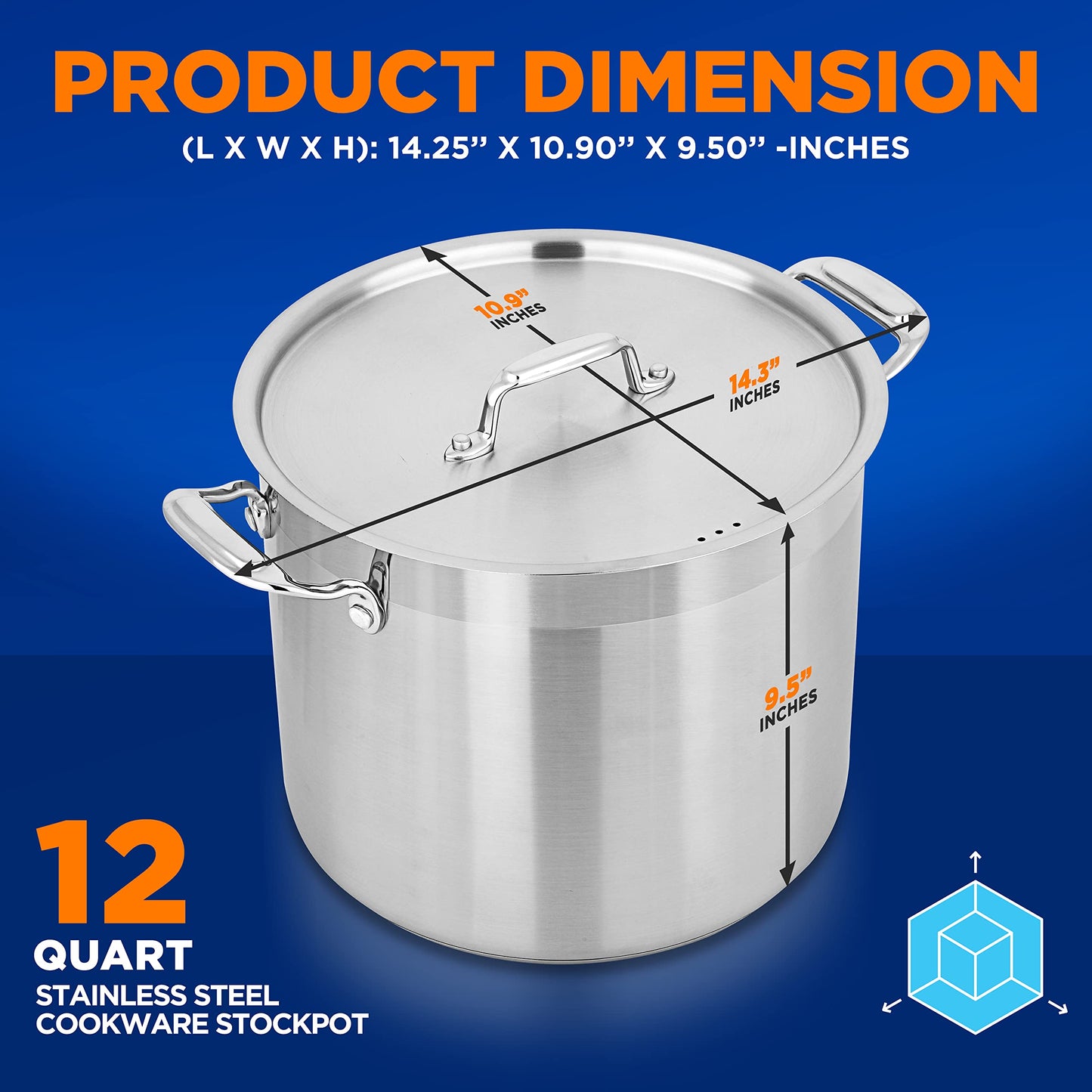 NutriChef 12-Quart Stainless Steel Stockpot with Stainless Steel Lid - 18/8 Food Grade Heavy Duty Large Stock Pot for Stew & Soup, Works w/Induction
