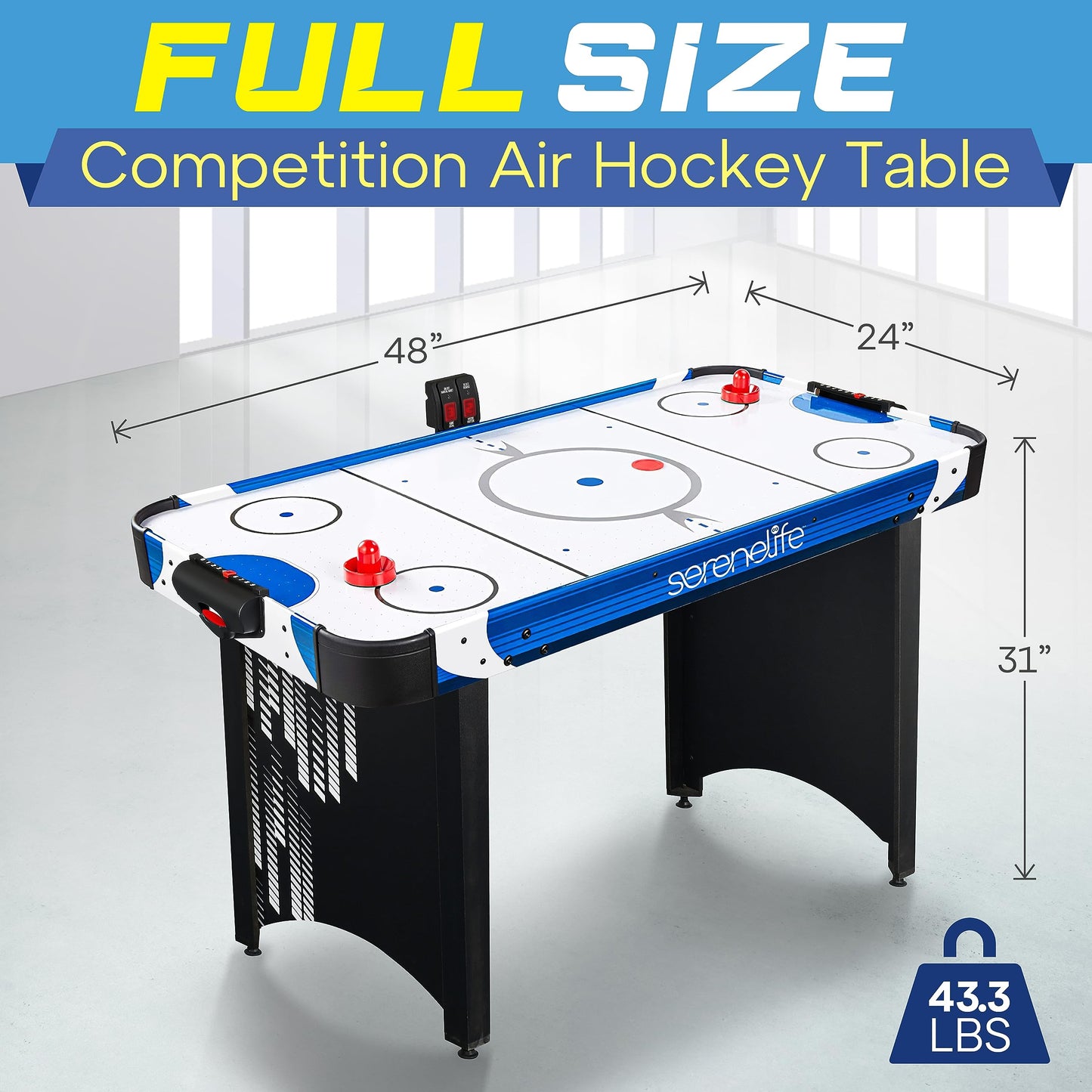 SereneLife 48" Air Hockey Game Table with 2X Stronger Motor, Digital LED Scoreboard, Puck Dispenser & Complete Accessories