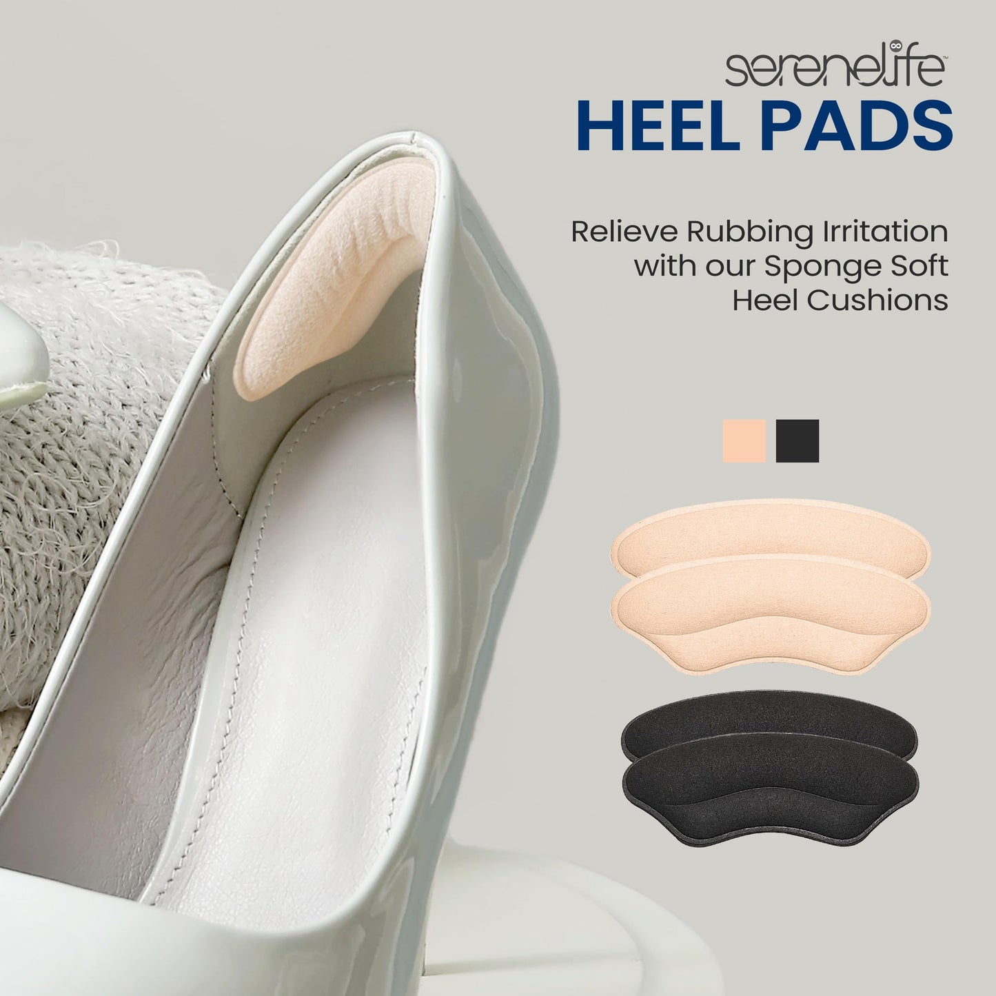 Serenelife Heel Pad Shoe Insert - 2 Pairs of Shoe Pad Inserts for Men & Women's Shoes, Dress Shoes, High Heels & Sneakers - Soft & Comfortable - Strong Adhesive for Lasting Adhesion - Black & Apricot