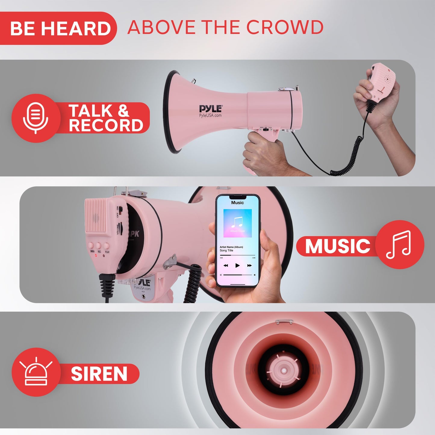 Pyle 50W Megaphone Bullhorn - Portable, Automatic Siren & Adjustable Volume,Projection Range Up to 1200 Square Yards, Aux Input, Talk, Siren, Music, Whistle, & Record, Shoulder Strap (Pink)