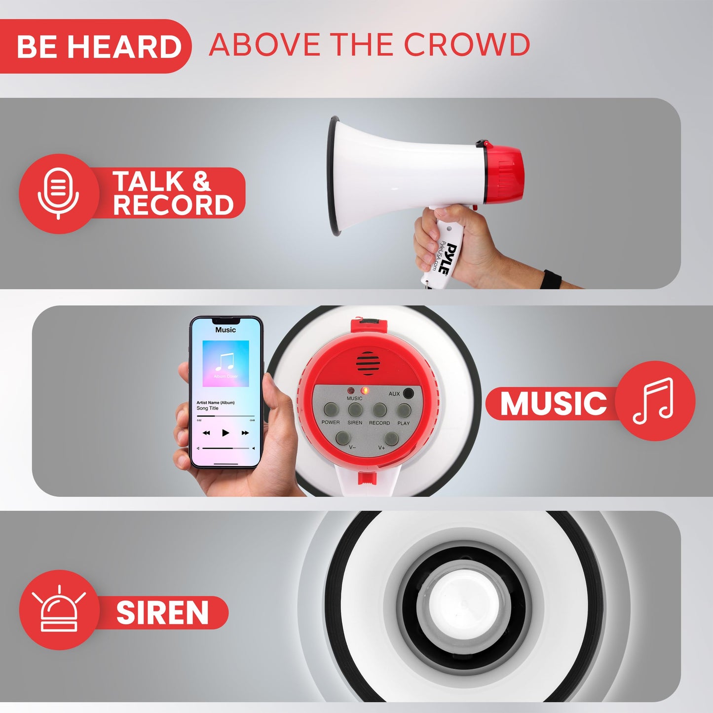 Pyle 20W Megaphone Bullhorn - Portable, Automatic Siren & Adjustable Volume,Projection Range Up to 400 Square Yards, Aux Input, Talk, Siren, Music, Whistle, & Record, Shoulder Strap (White-Red)