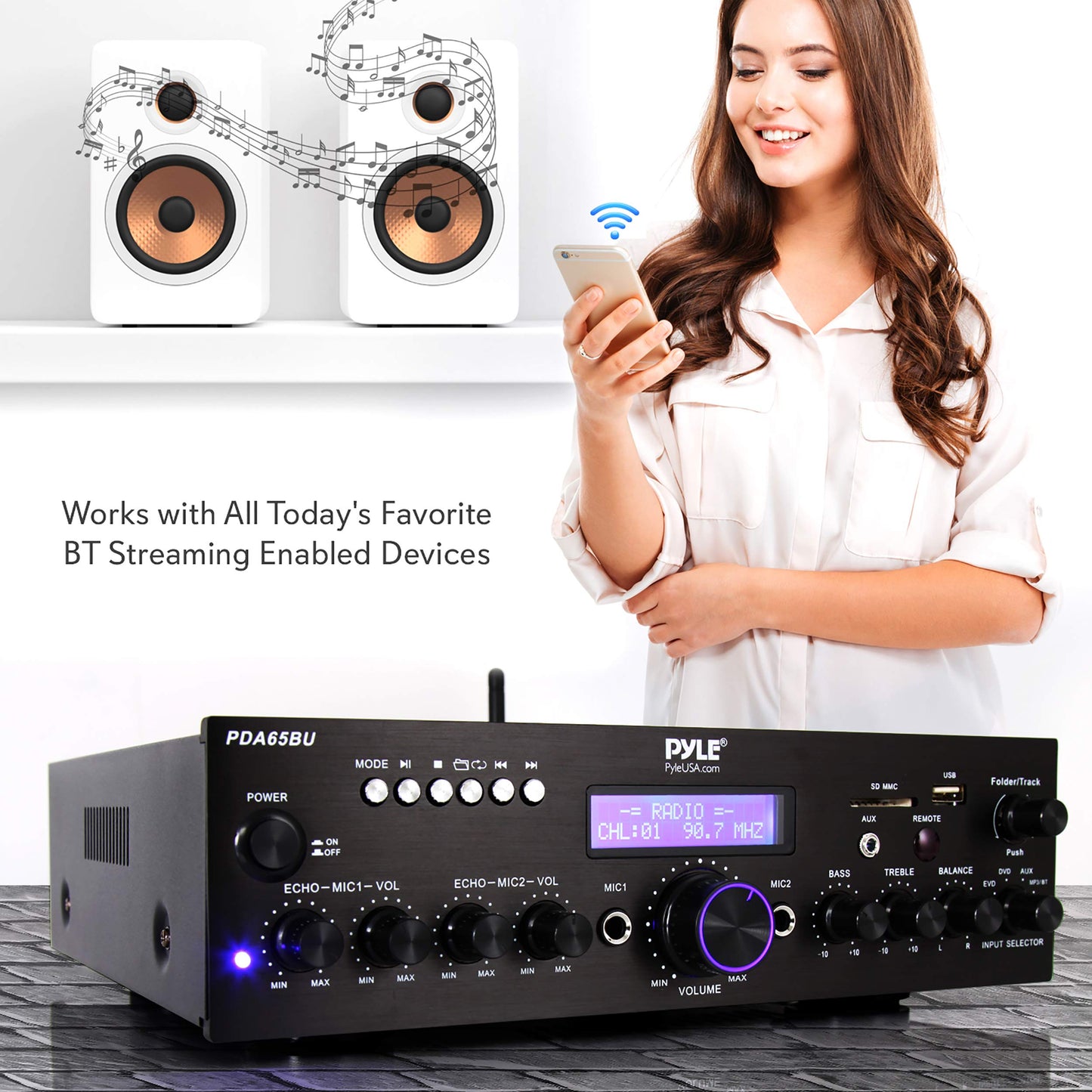 Pyle 200W Wireless Bluetooth Power Amplifier - Dual Channel Stereo Receiver with USB Flash Reader - SD Card - AUX - MIC IN w/ Echo - Radio - Home Theater - Studio Use - RCA Output - PDA65BU