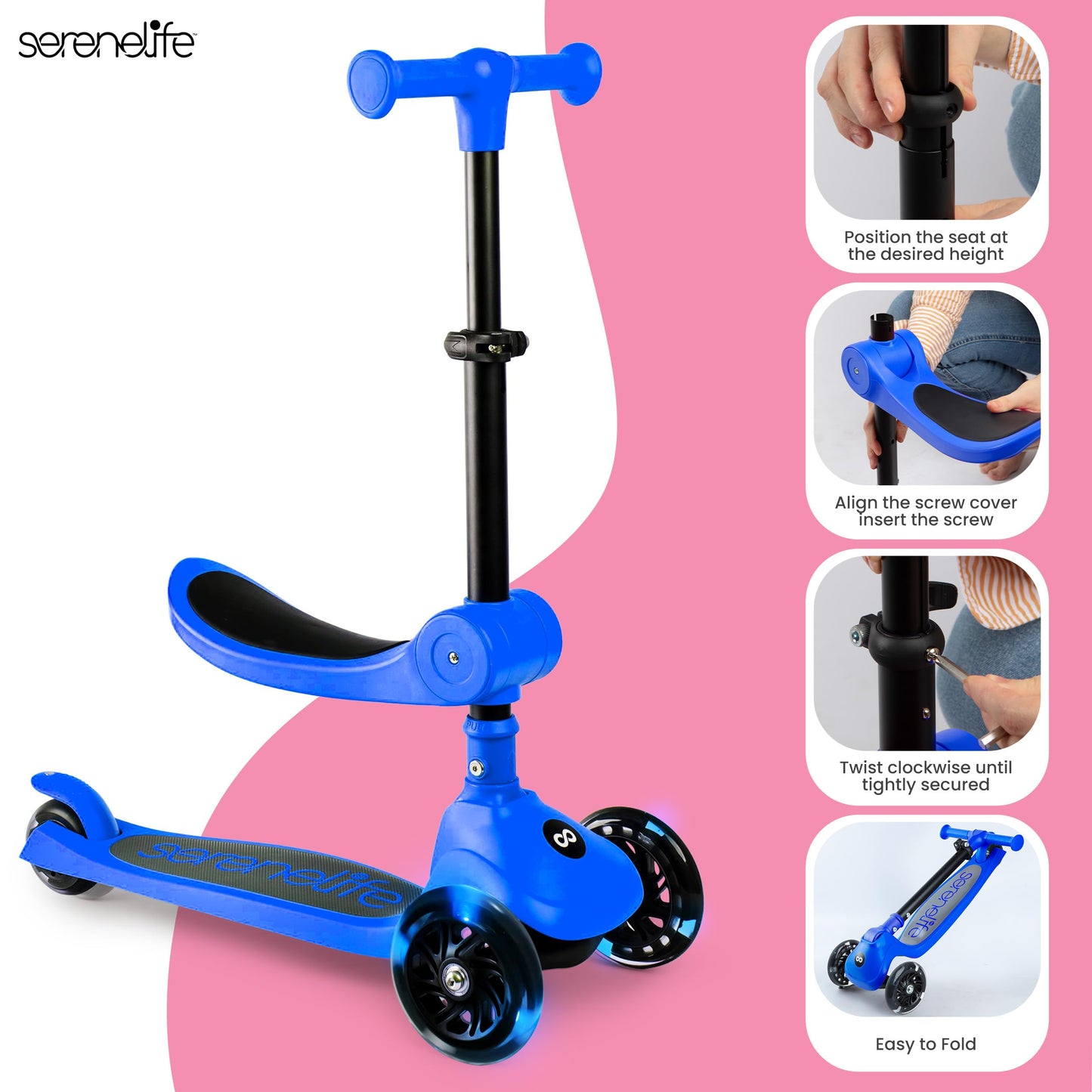 SereneLife 3 Wheel Foldable Kids Scooter - Foldable Seat, LED Wheel Lights, Adjustable Handlebar, Rear Foot Brake, Lean-to-Steer, Anti-Slip Deck, Ideal for Toddlers Kids 3+, up to 110Lbs, Blue