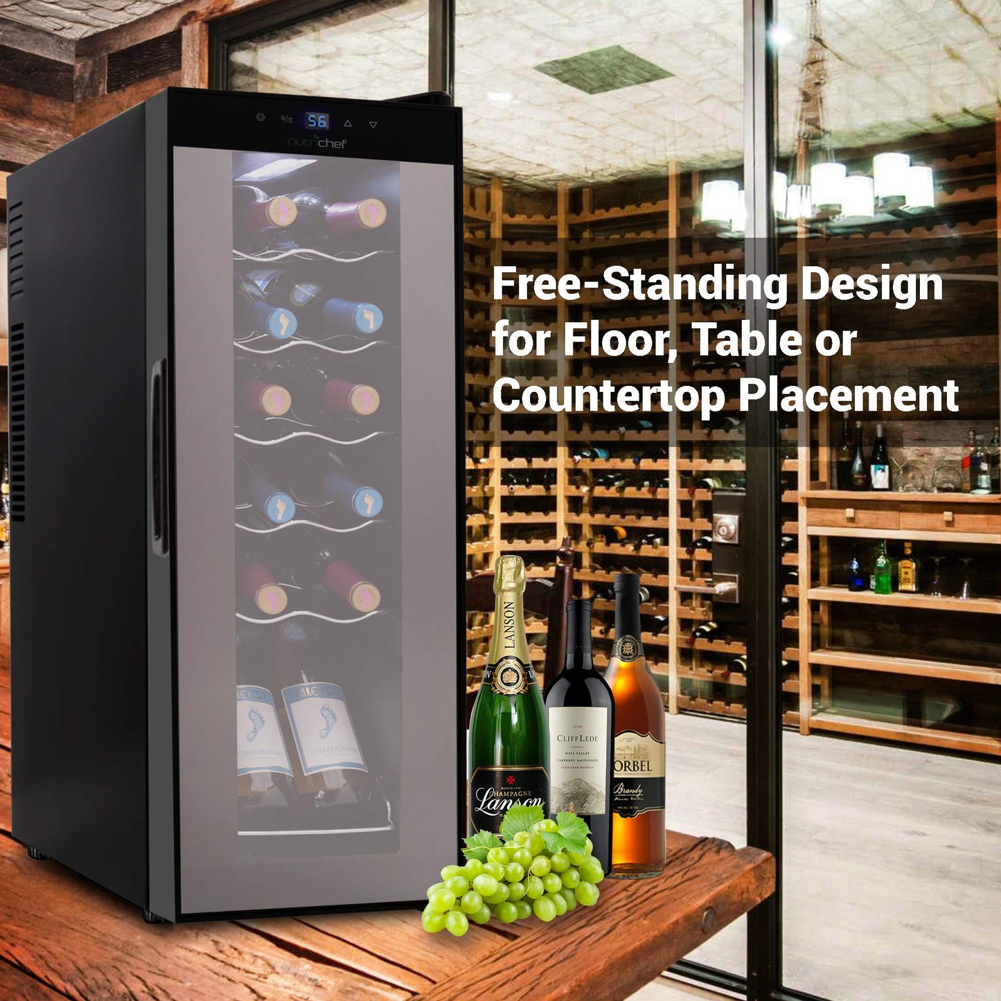 NutriChef PKCWC120 White & Red Cooler-Freestanding Countertop Compact Mini Wine Fridge Chiller 12 Bottle Capacity, Digital Control, Glass Door, Black
