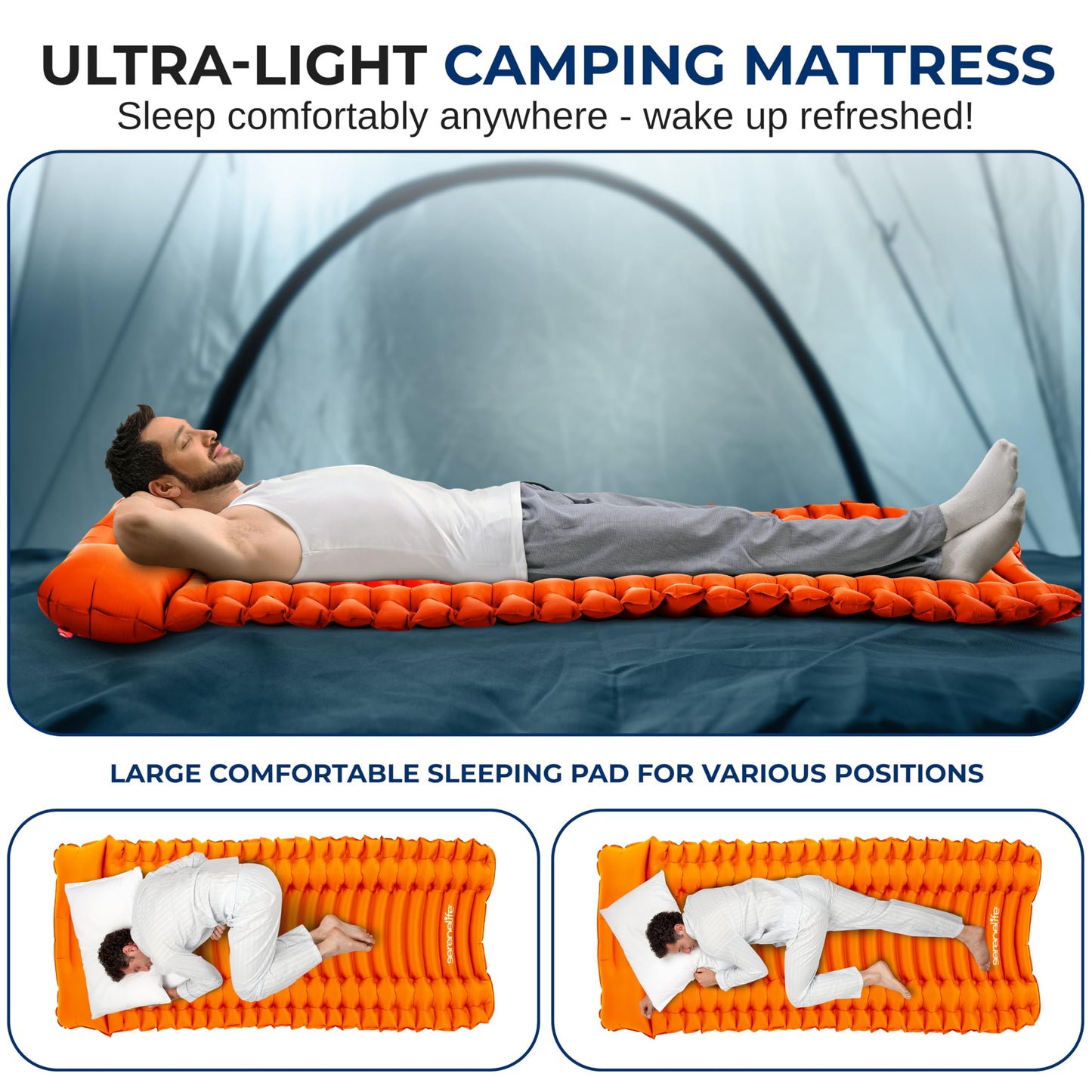 SereneLife Sleeping Pad with Pillow for Camping - Compact Sleeping Mat with Fast Inflation, Lightweight, and Tear-Resistant Backpacking Air Mattress with Carry Bag for Camping, Backpacking, Hiking