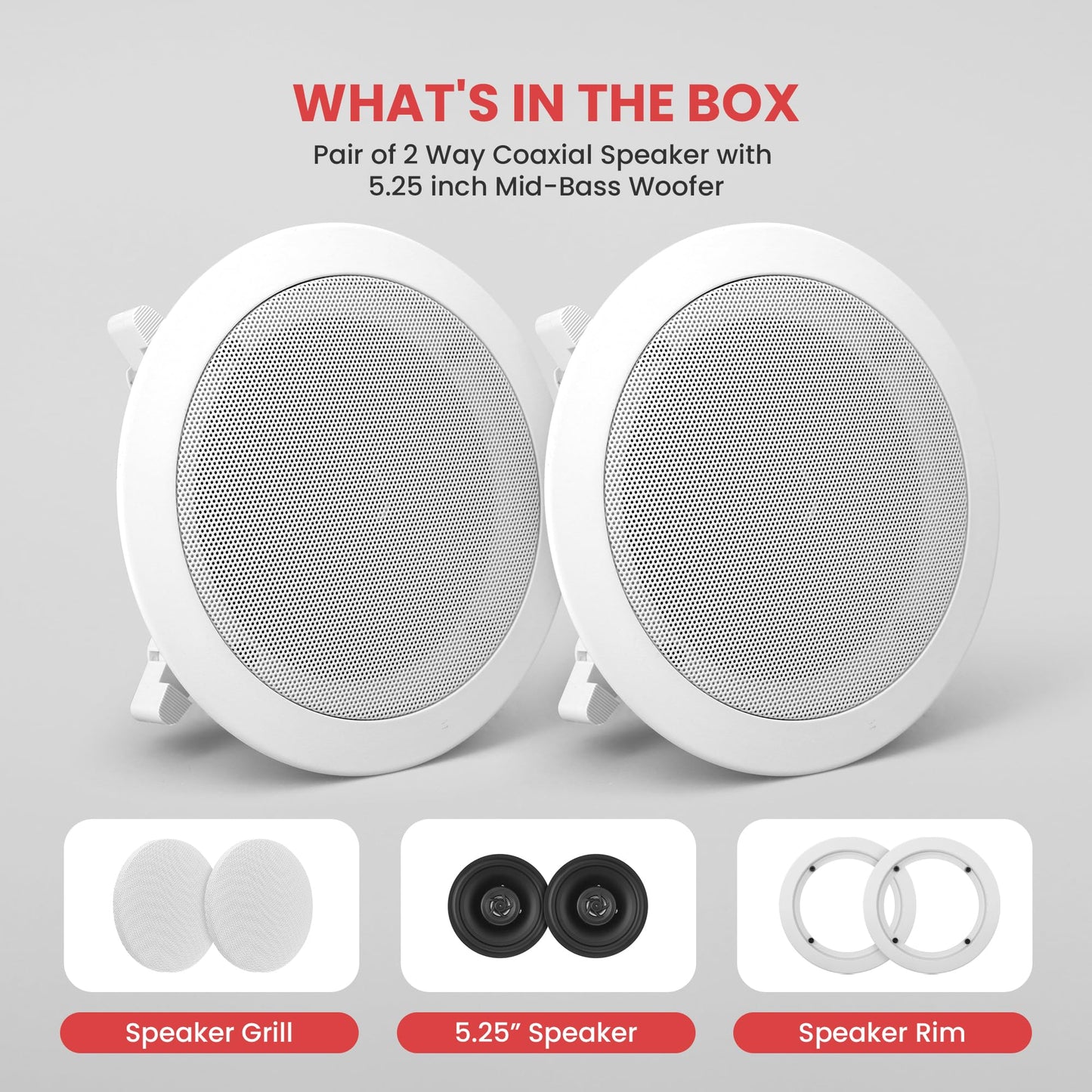 Pyle Home 5.25” Ceiling Wall Mount Speakers - Pair of 2-Way Midbass Woofer Speaker 1'' Polymer Dome Tweeter Flush Design w/ 80Hz - 20kHz Frequency Response & 150 Watts Peak Easy Installation-PDIC51RD