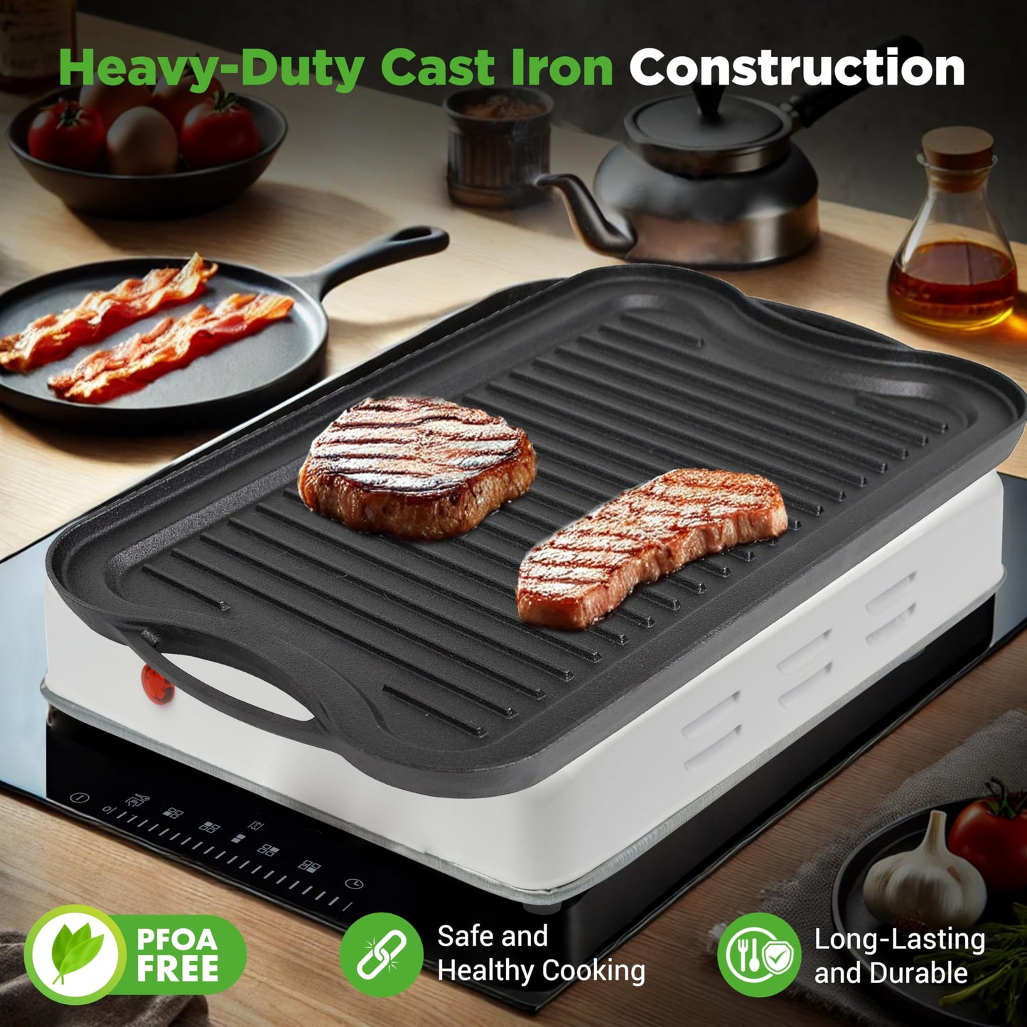 NutriChef Reversible Cast Iron Griddle – Flat & Grill Sides, Extra-Wide, Oven Safe, PFOA & PFOS Free, Compatible with Multiple Stovetops