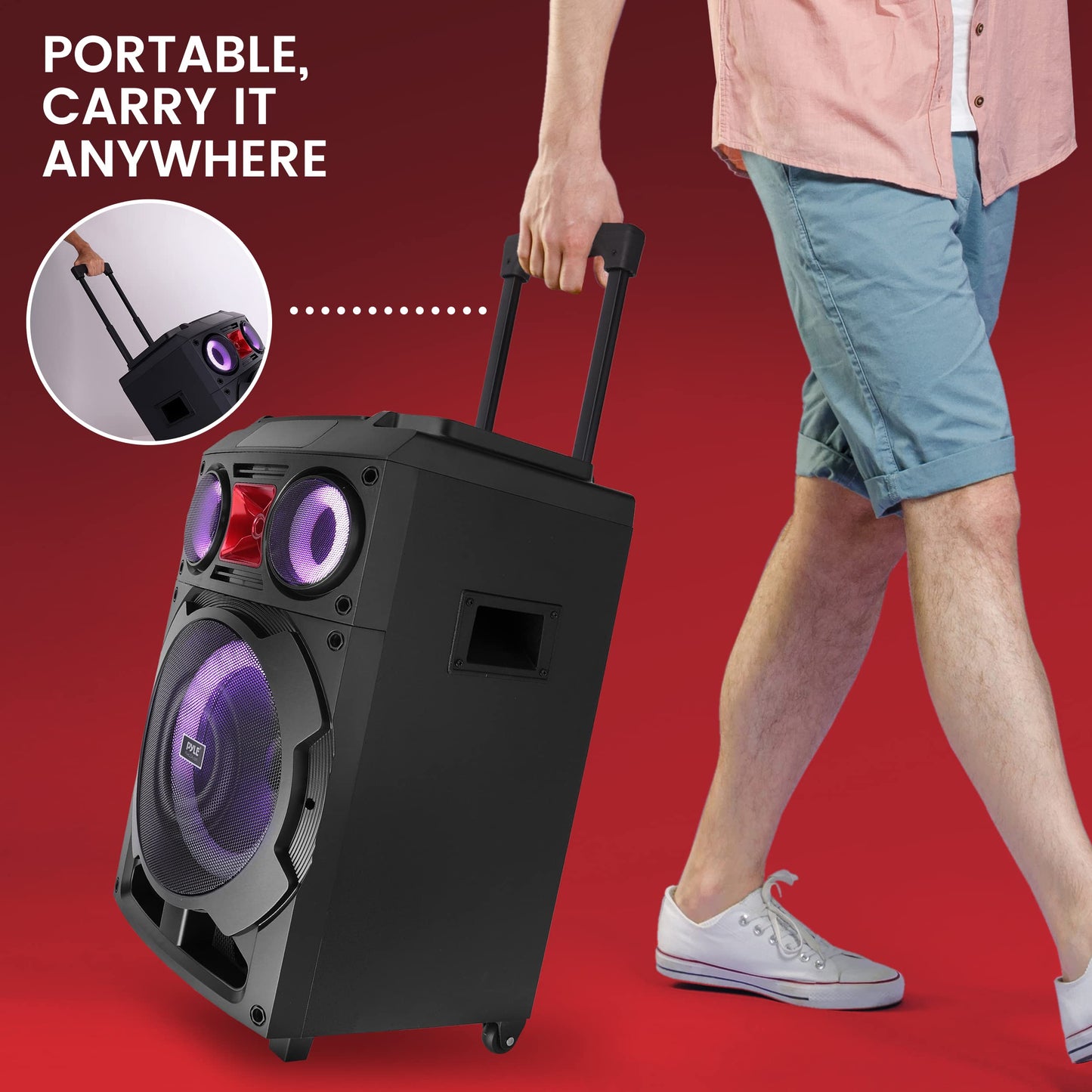 Pyle Portable Bluetooth PA Speaker System - 800W 10” Rechargeable Speaker, TWS, Party Light, LED Display, FM/AUX/MP3/USB/SD, Wheels - Wireless Mic, Remote Control, Tablet Holder Included - PHP210DJT