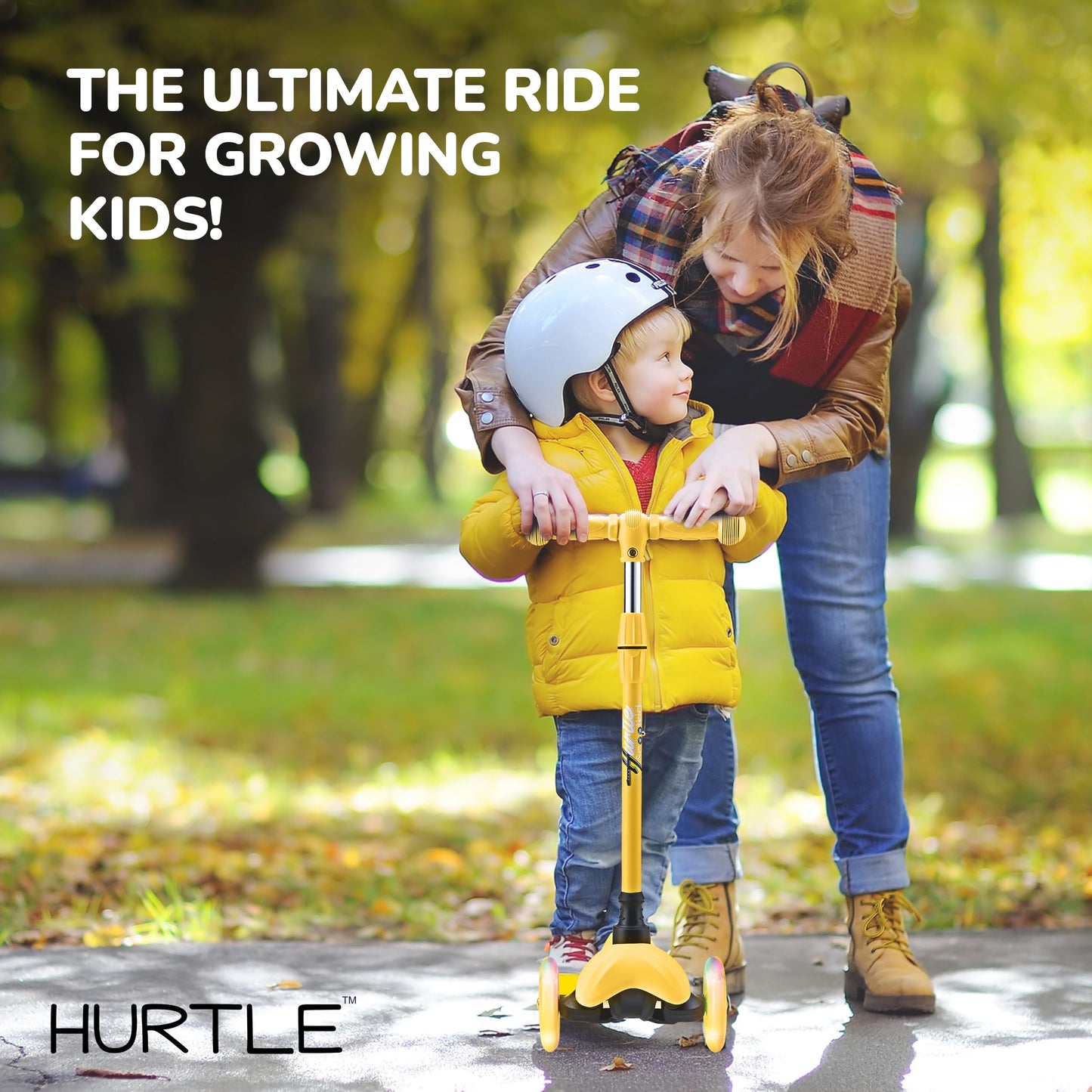Hurtle Mini Kickboard Scooter for Kids - Height Adjustable 25''-28'', Lightweight 3-Wheel with LED Light-up Wheels, Anti-Slip,Indoor/Outdoor Fun, Micro Scooters for Ages 2-5 (Yellow)