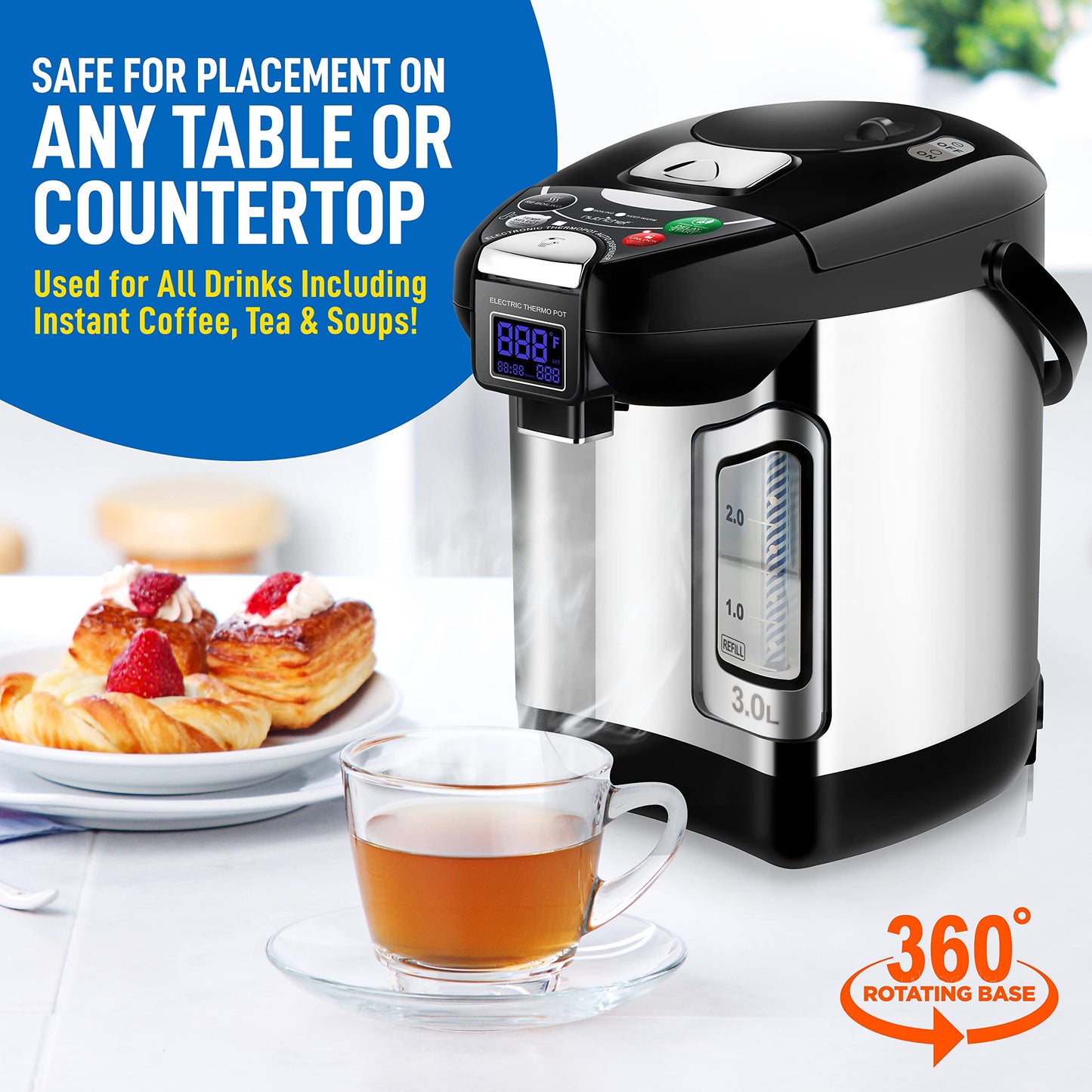 NutriChef Digital Water Boiler and Warmer - 3L/3.17 Qt Stainless Electric Hot Water Dispenser w/ LCD Display, Rotating Base, Keep Warm, Auto Shut Off, Safety Lock, Instant Heating for Coffee & Tea