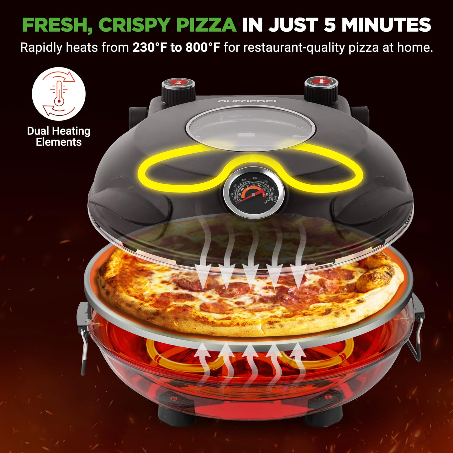 NutriChef Electric Pizza Oven | 12 Inch Countertop Pizza Maker with Temperature Control & Thermometer | Viewing Window for Precise Cooking | Heats up to 800F | Easy to Clean Non-Stick Stone | Black