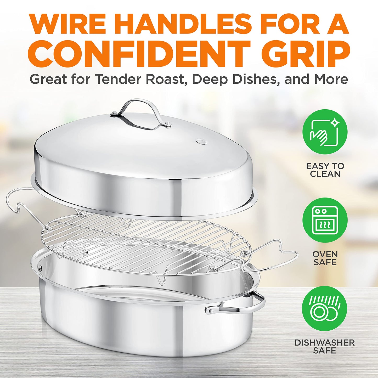 NutriChef 20" Oval Roasting Pan with Rack and Lid - Premium Stainless Steel Roaster Dish w/ Wide Handles & Removable Rack, Multi-Use Cookware for Turkey, Chicken, Stews, & More - Dishwasher Safe