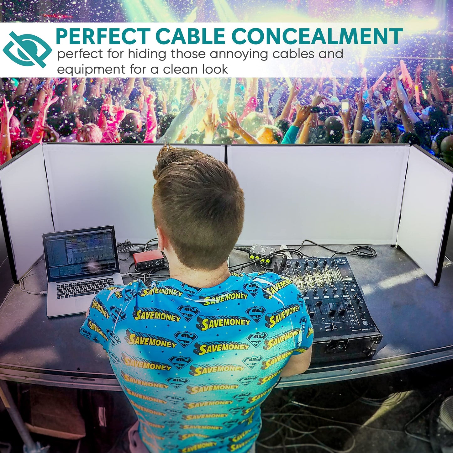 Pyle DJ Booth Foldable Cover Screen - Portable 5.6 ft Tabletop Event Facade Front Board Video Light Projector Display Scrim Panel -Folding Steel Frame Panel Stand, Stretchable Lycra Spandex PDJFAC02
