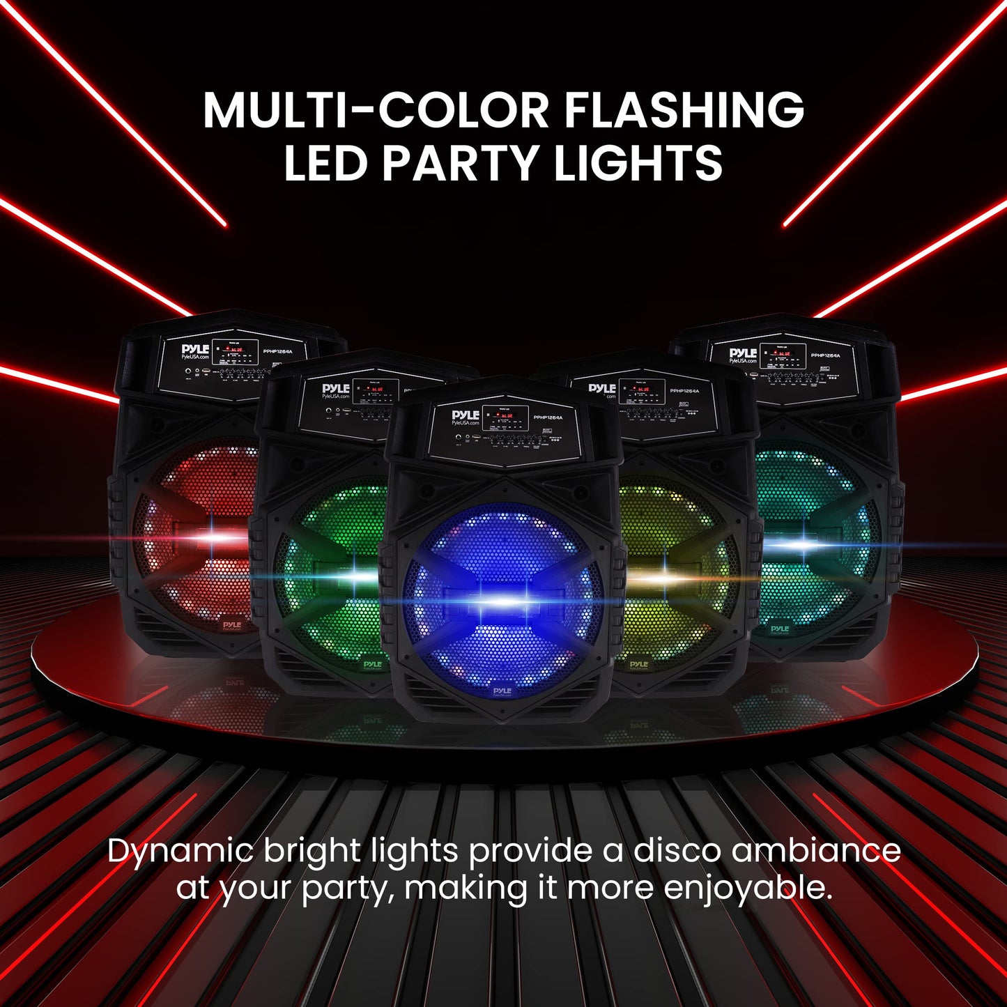 Pyle 12'' Portable Bluetooth Speaker System - 1000W Karaoke Speaker w/ LED Lights, USB/Micro SD/FM/BT/Aux/Remote Control/Mic & Guitar Inputs, Built-in Rechargeable Battery w/ Wheels & Handle Bar