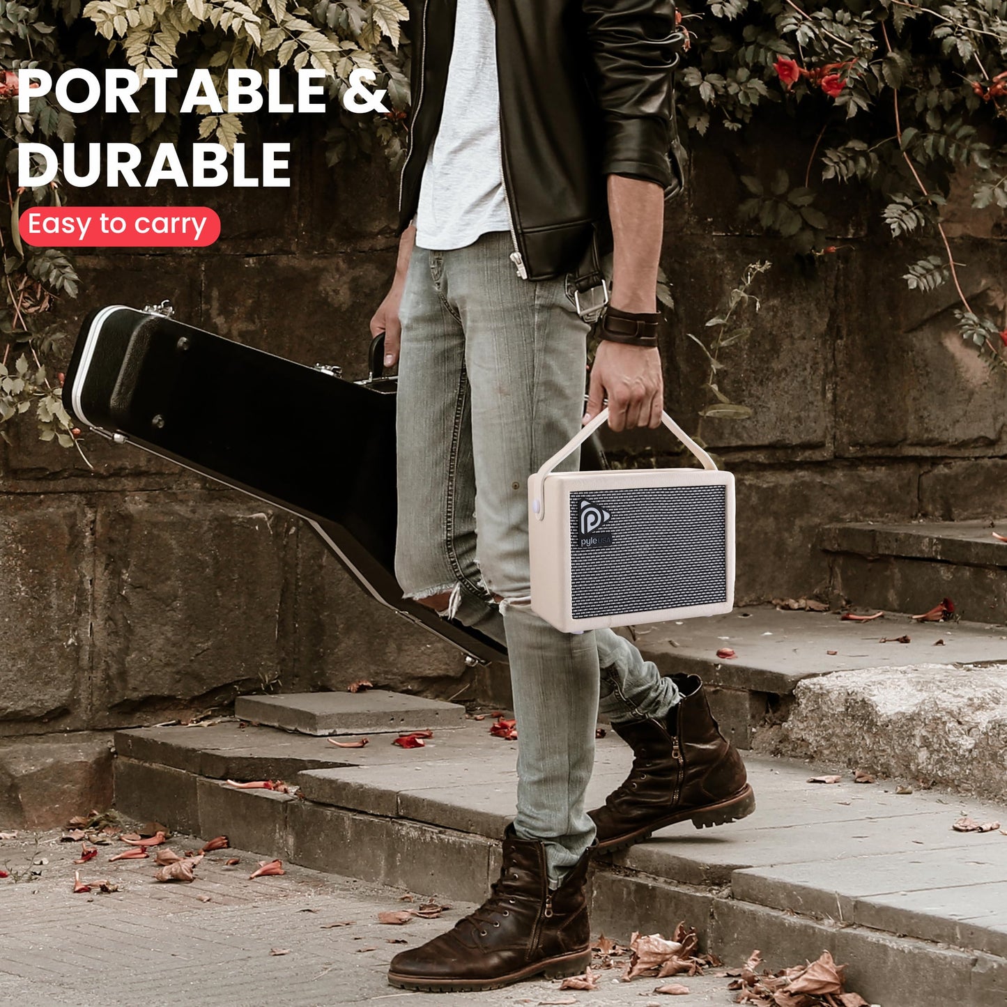 Pyle Portable Electronic Guitar Amplifier - 5'' High-Definition Speaker with Volume, Bass, and Treble Controls | Lightweight Plywood, Gold Plate, and Leather Coating for Enhanced Sound Quality