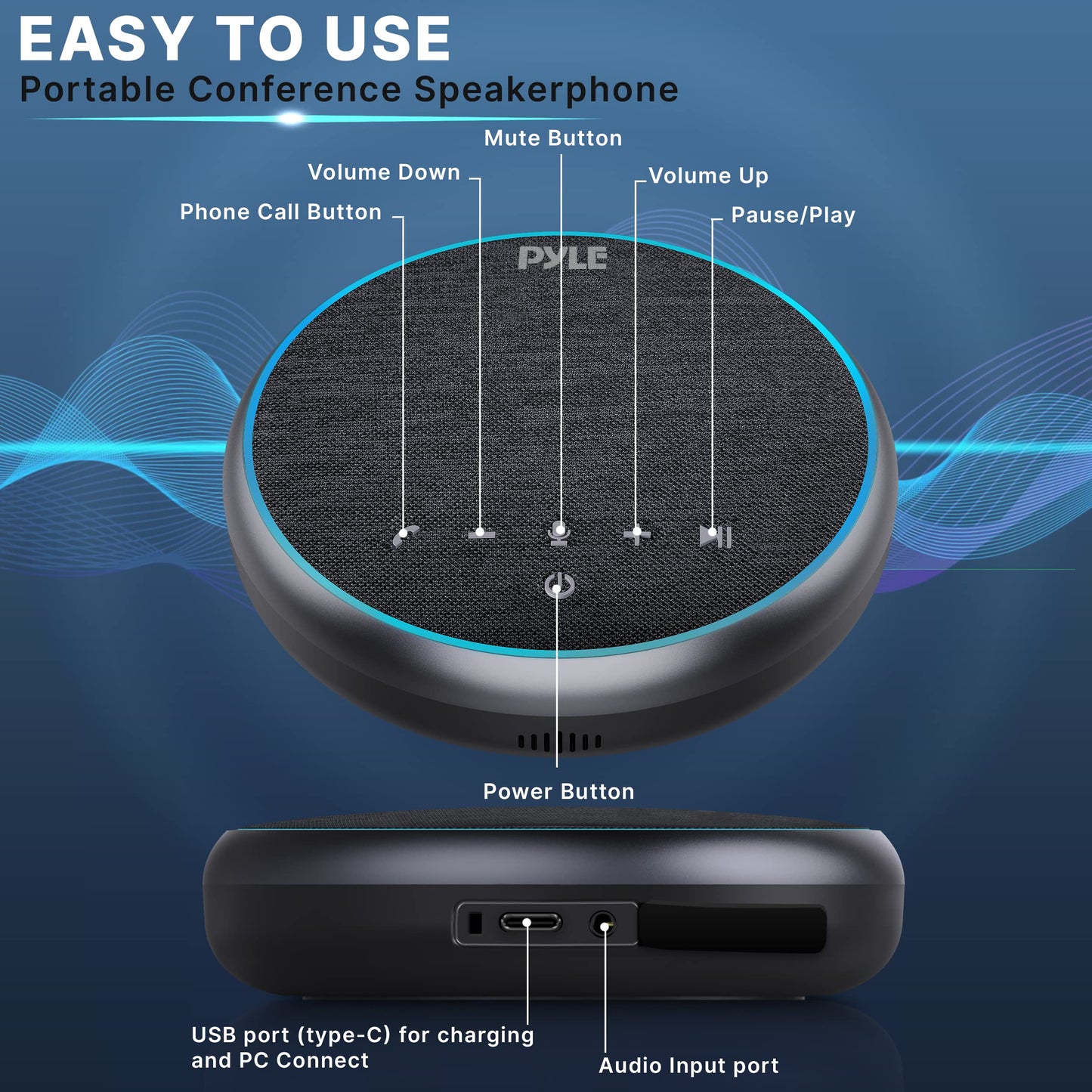 PyleUsa Conference Speaker Bluetooth Speakerphone - Multipurpose Conference & Streaming Speaker,Noise Canceling Swiss Immersive Crisp Voice Pickup for Office,Travel,Home, w/USB-C,Aux Cables - PSCN42