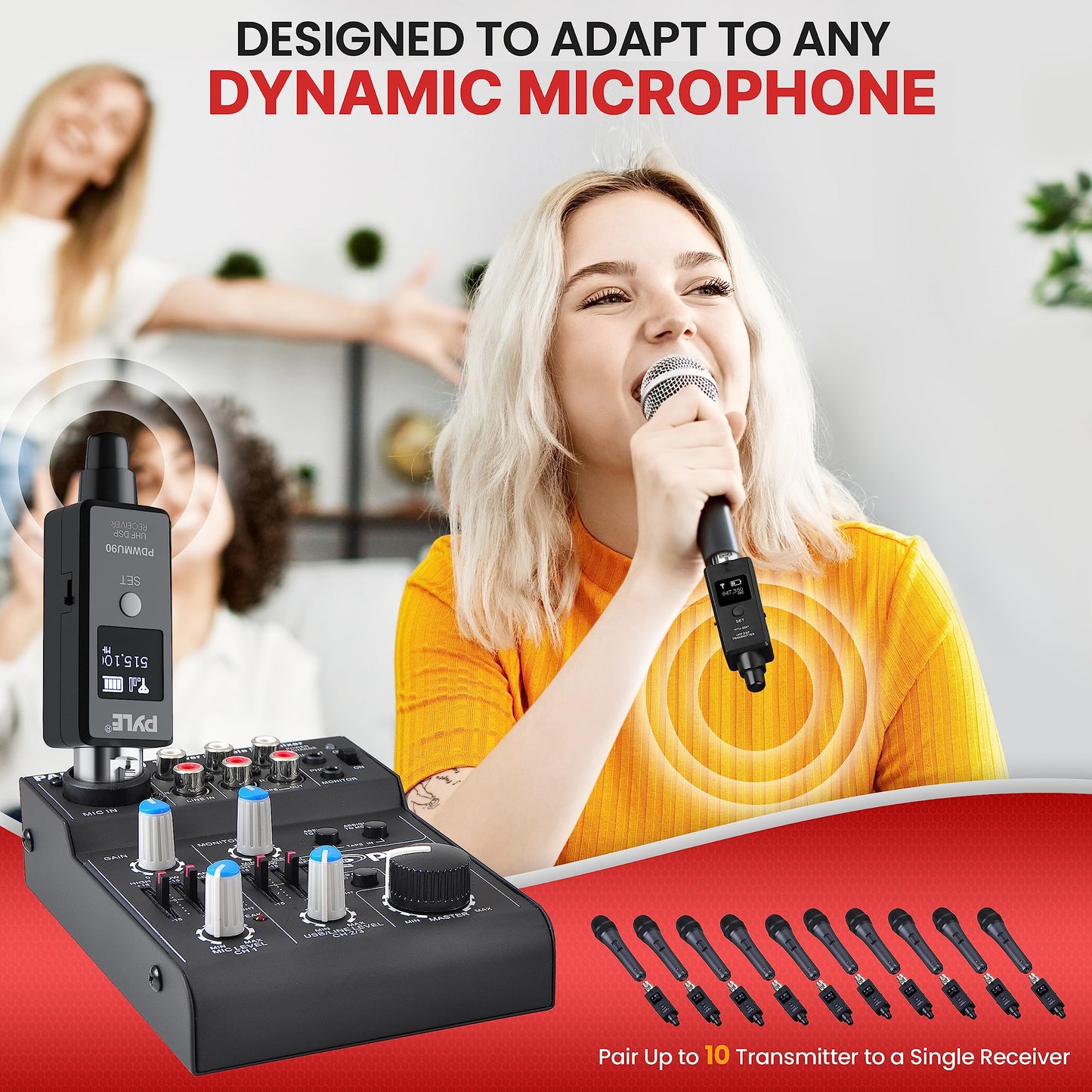 Pyle Multifunctional UHF Wireless XLR Adapter System,Transmitter And Receiver For Dynamic Microphones And Music Sources,48k Frequency Signal Transmission,USB Recharge Capable,90 Feet Range,Dark Gray