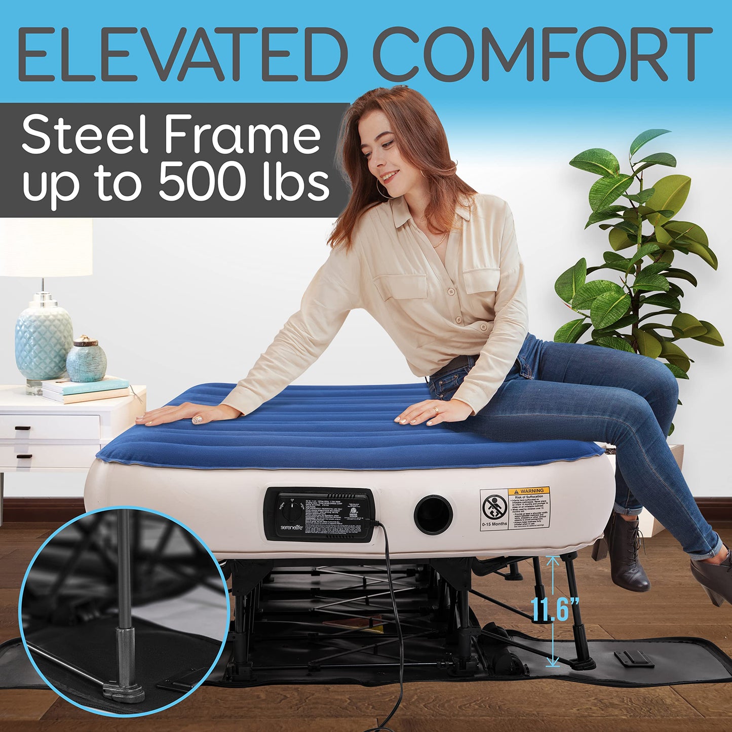 SereneLife EZ Bed Air Mattress with Frame and Rolling Case, Self-Inflating Airbed with Built in Pump for Travel and Hosting, Twin