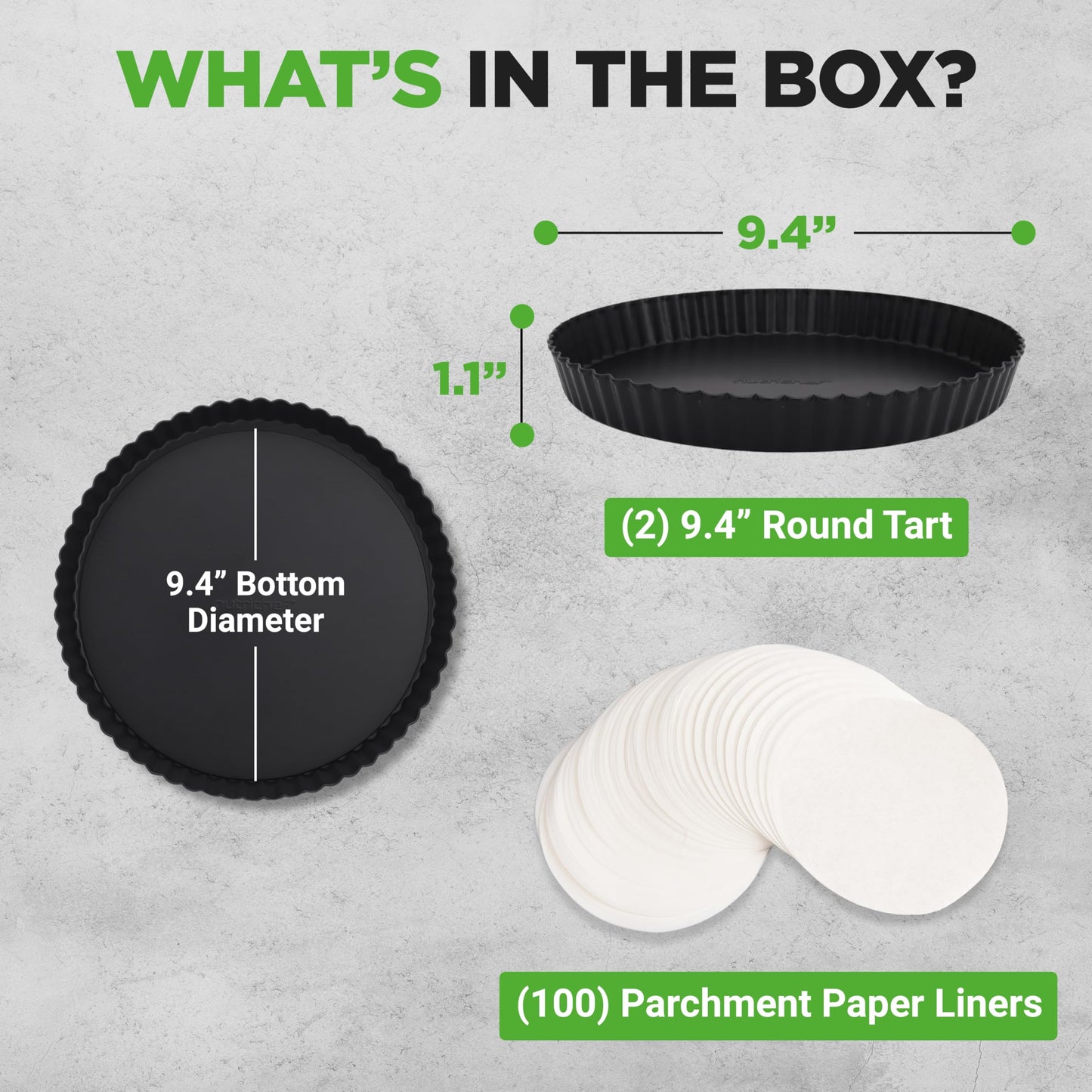 NutriChef 2 Round Tart Pans | 9 Inch Carbon Steel Tart Baking Trays with Removable Base | Nonstick & Even Heat Distribution | Includes 100 Parchment Papers | Height of 1 Inch | Black