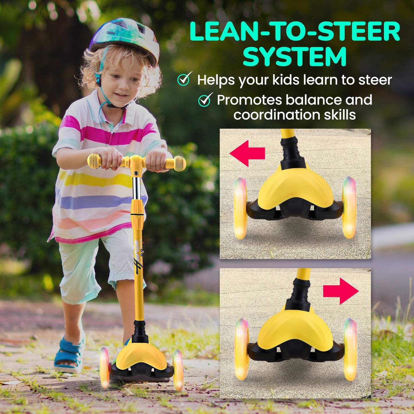 Hurtle Mini Kickboard Scooter for Kids - Height Adjustable 25''-28'', Lightweight 3-Wheel with LED Light-up Wheels, Anti-Slip,Indoor/Outdoor Fun, Micro Scooters for Ages 2-5 (Yellow)