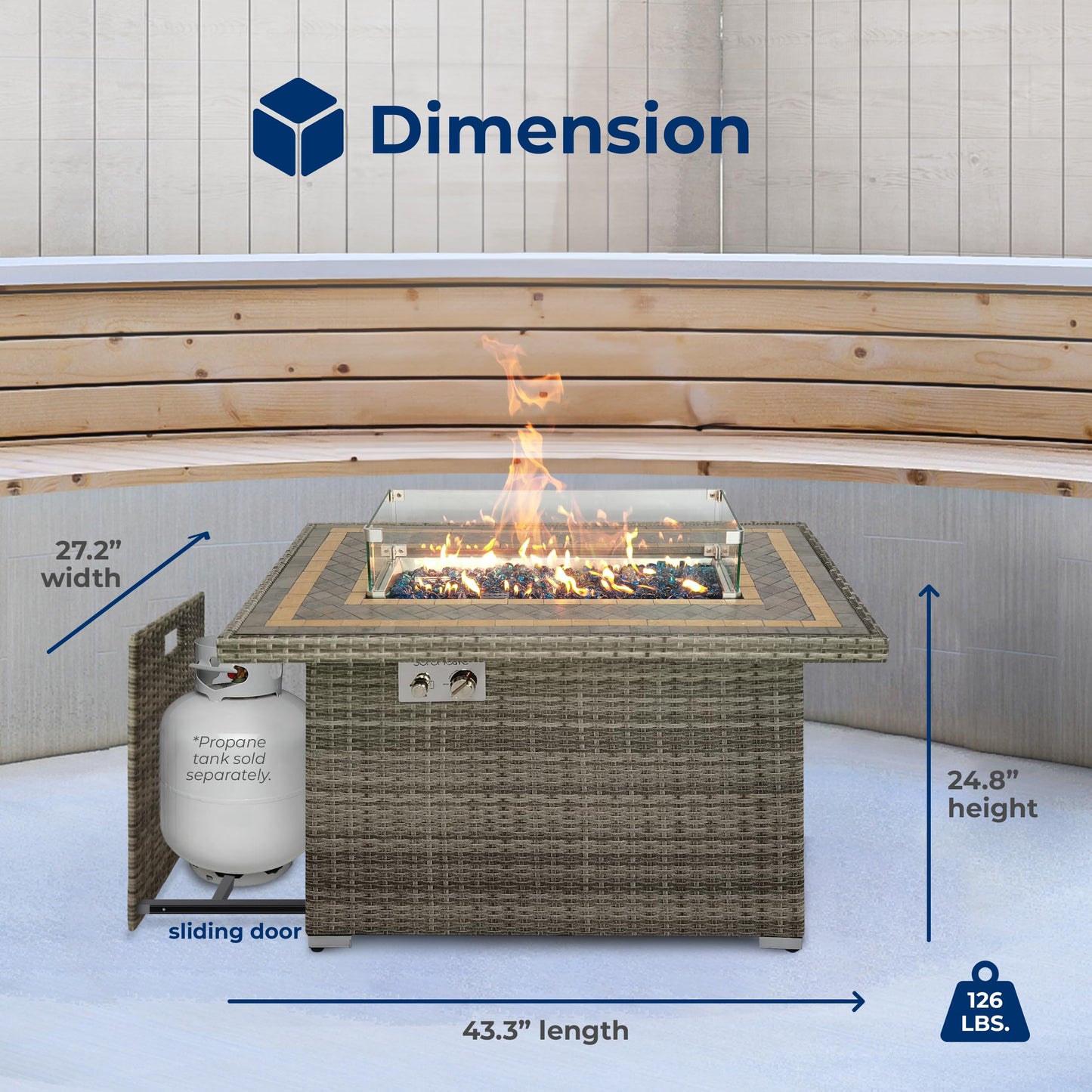 SereneLife Outdoor Propane Fire Pit Table- 50,000 BTU Auto-Ignition Gas Fire Pit w/Glass Wind Guard, Mosaic Tiles Tabletop & Clear Glass Rock for Outdoor Cooking & Grilling