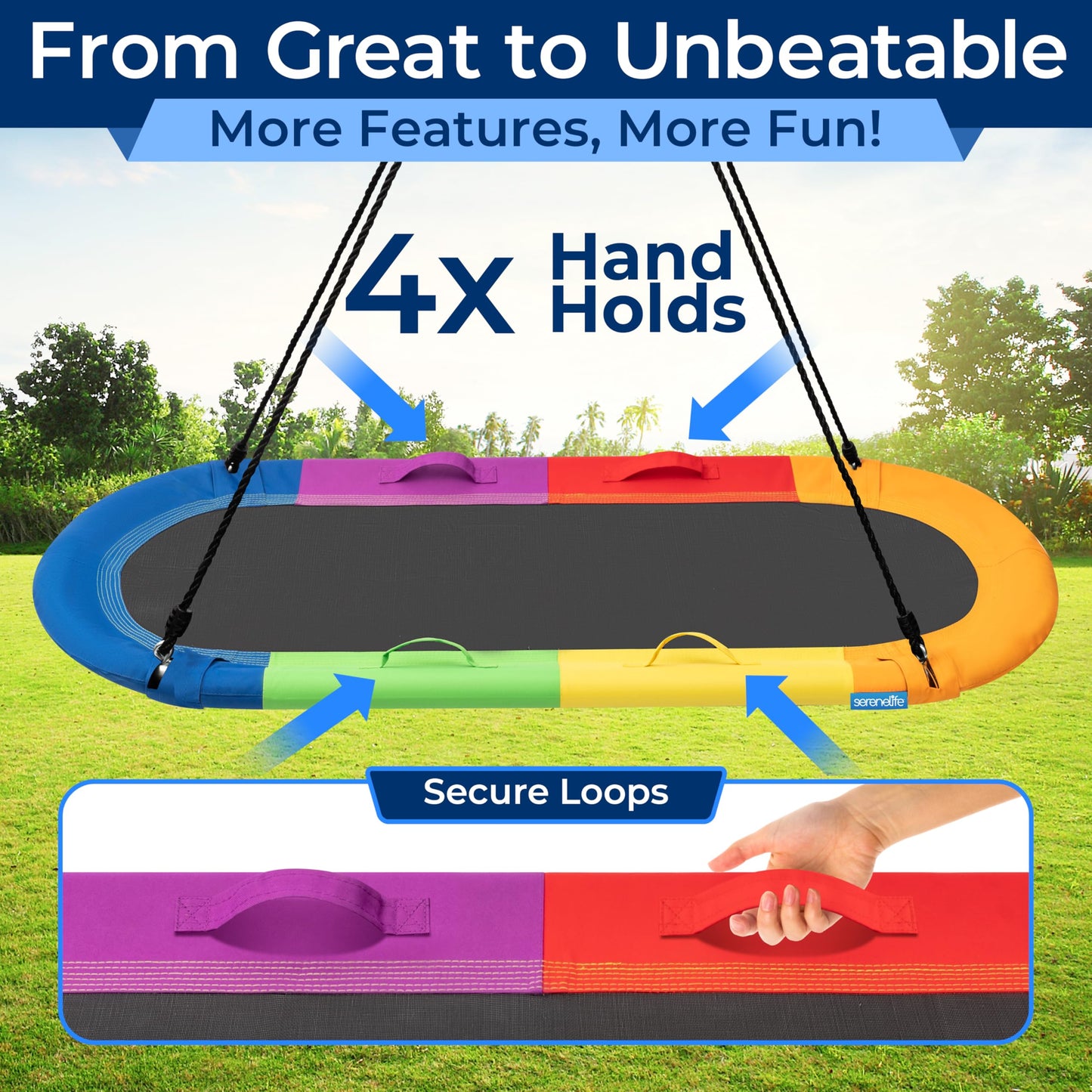 SereneLife 67" Oval Saucer Swing - Giant Outdoor Swing Set with Universal Hanging Kit, Swinging Seat Spinner with Carry Bag, Weatherproof, Water-Resistant, Supports Up to 700 lbs, Rainbow