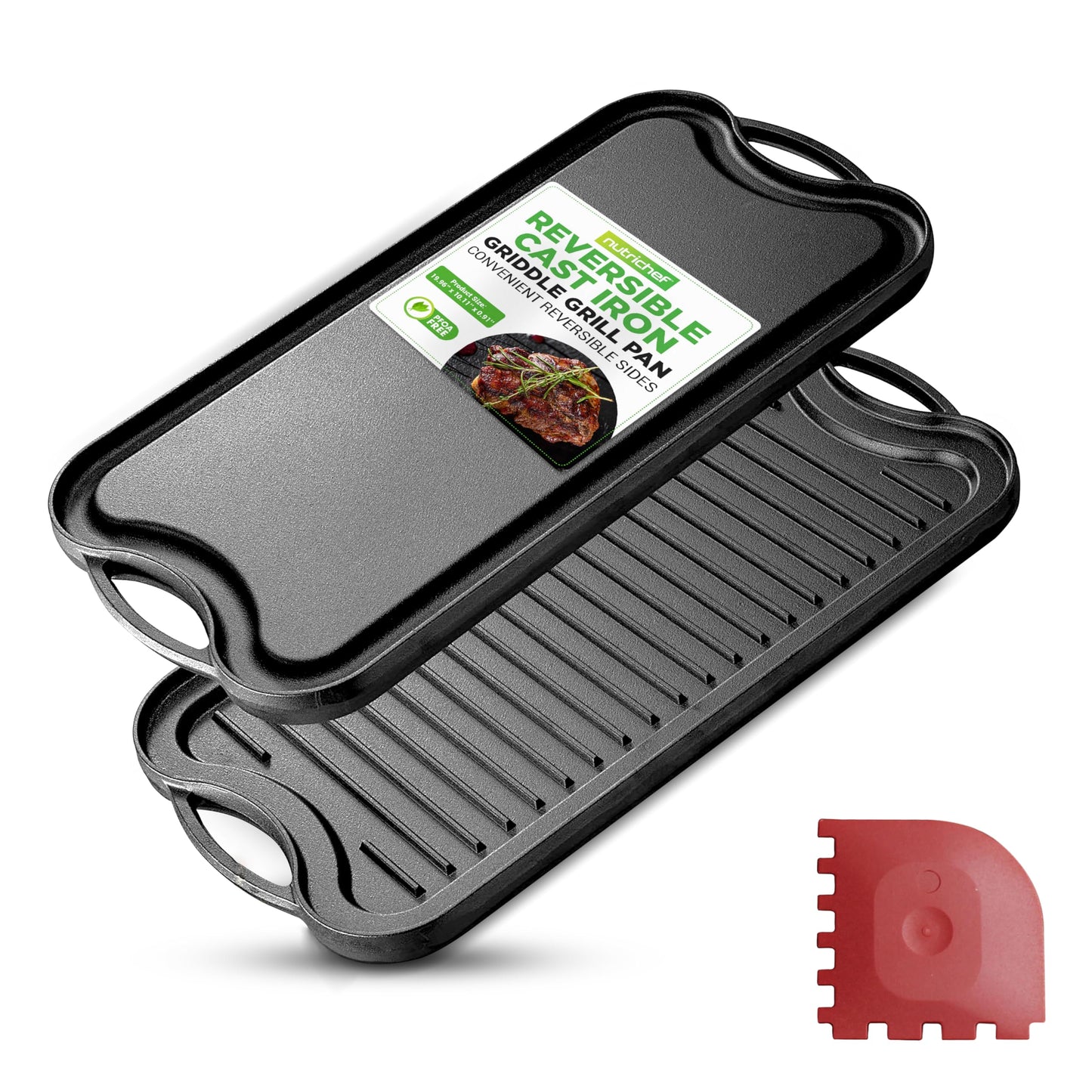 NutriChef Reversible Cast Iron Griddle – Flat & Grill Sides, Extra-Wide, Oven Safe, PFOA & PFOS Free, Compatible with Multiple Stovetops