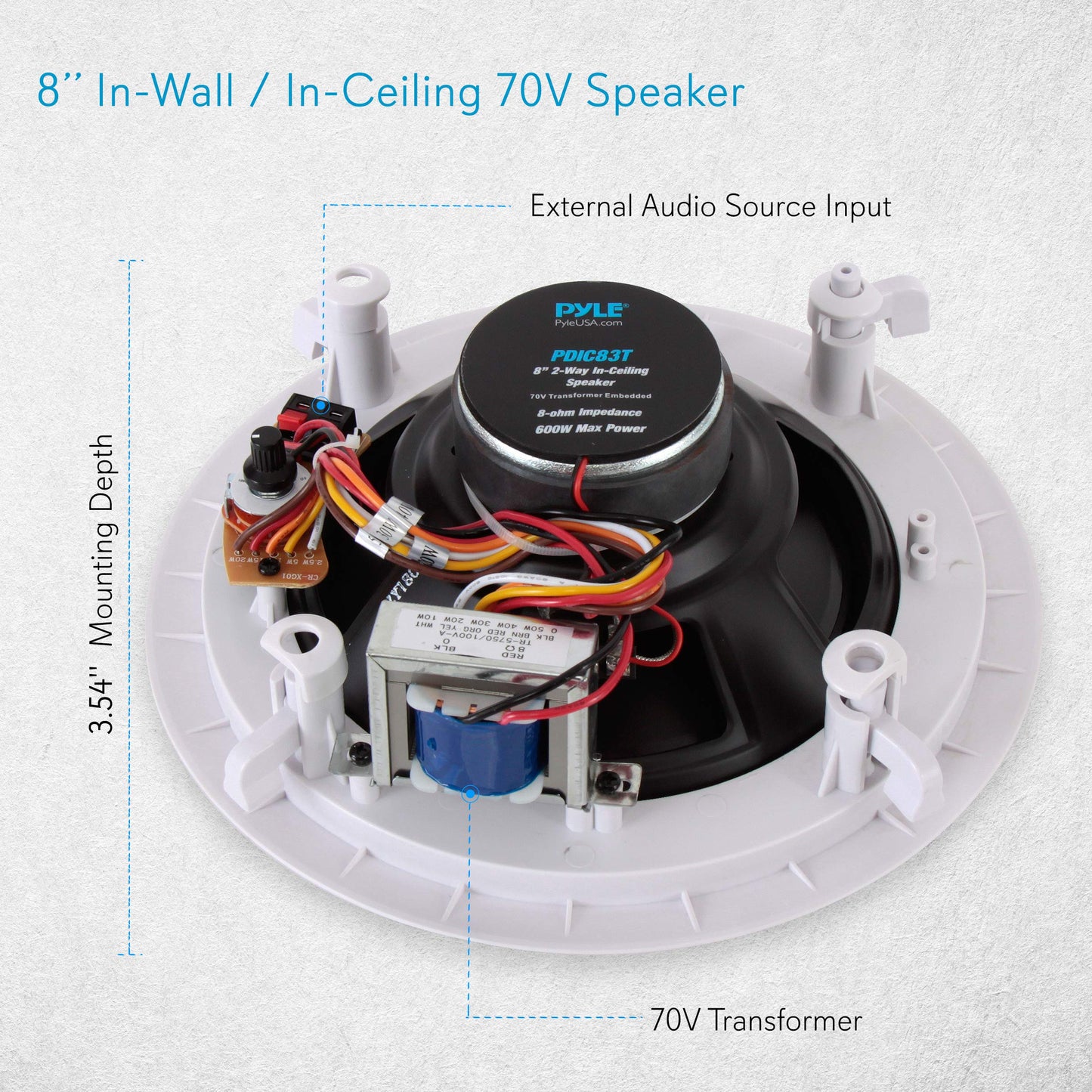 Pyle Ceiling and Wall Mount Speaker - 8” 2-Way 70V Audio Stereo Sound Subwoofer Sound with Dome Tweeter, 600 Watts, in-Wall & in-Ceiling Flush Mount for Home Surround System PDIC83T (White)