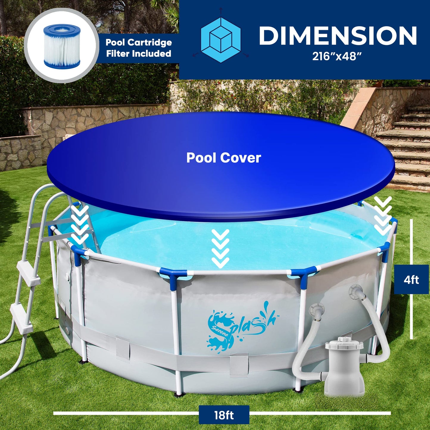 SereneLifeHome 18’ Round Pool Above The Ground Steel Frame, Swimming Pool, Durable Corrosion and Puncture Resistant, w/Ladder, Filter, Cover, Plastic Spare Parts 18' x 4’