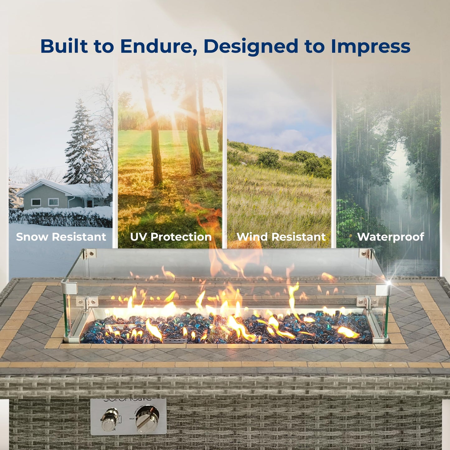 SereneLife Outdoor Propane Fire Pit Table- 50,000 BTU Auto-Ignition Gas Fire Pit w/Glass Wind Guard, Mosaic Tiles Tabletop & Clear Glass Rock for Outdoor Cooking & Grilling
