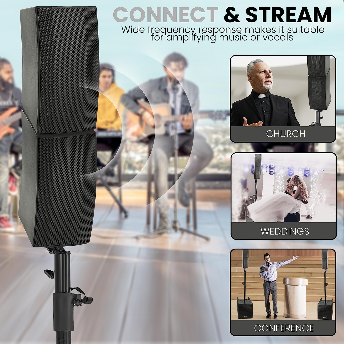 Pyle Line Array Column Speaker - Professional and Compact Sound System with 12 inch Speaker Subwoofer, Streaming, Built-in Digital Audio Amplifier with 5 Band Graphic Equalizer
