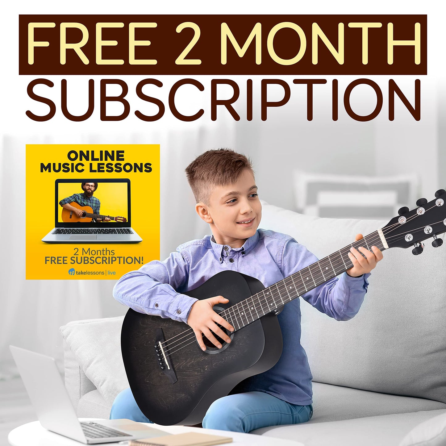 Pyle Acoustic Guitar Kit, 1/2 Junior Size All Wood Steel String Instrument for Beginner Kids, Adults, 34" Black Matte