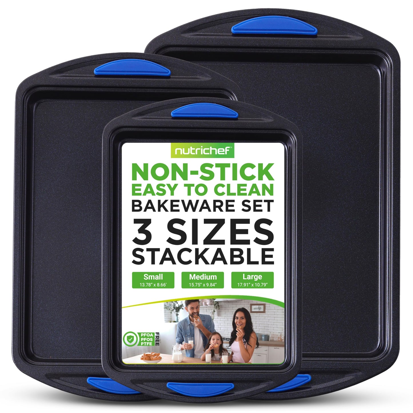 NutriChef 3-Piece Nonstick Cookie Sheets for Baking – Carbon Steel Stackable Bakeware Set w/ Silicone Handles - Non Toxic Baking Pan - Durable & Wrap Resistance, Oven Safe - Easy cleanup
