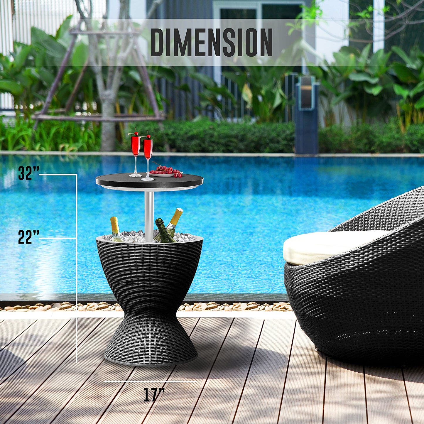 SereneLife Outdoor Cool Bar Table, 7.5 Gallon Beer and Wine Cooler, Patio Furniture & Hot Tub Side Table, Beverage Cooler, All-Weather Resistant Ice Cool Bar, Rattan Style Patio, Cocktail Bar (Black)