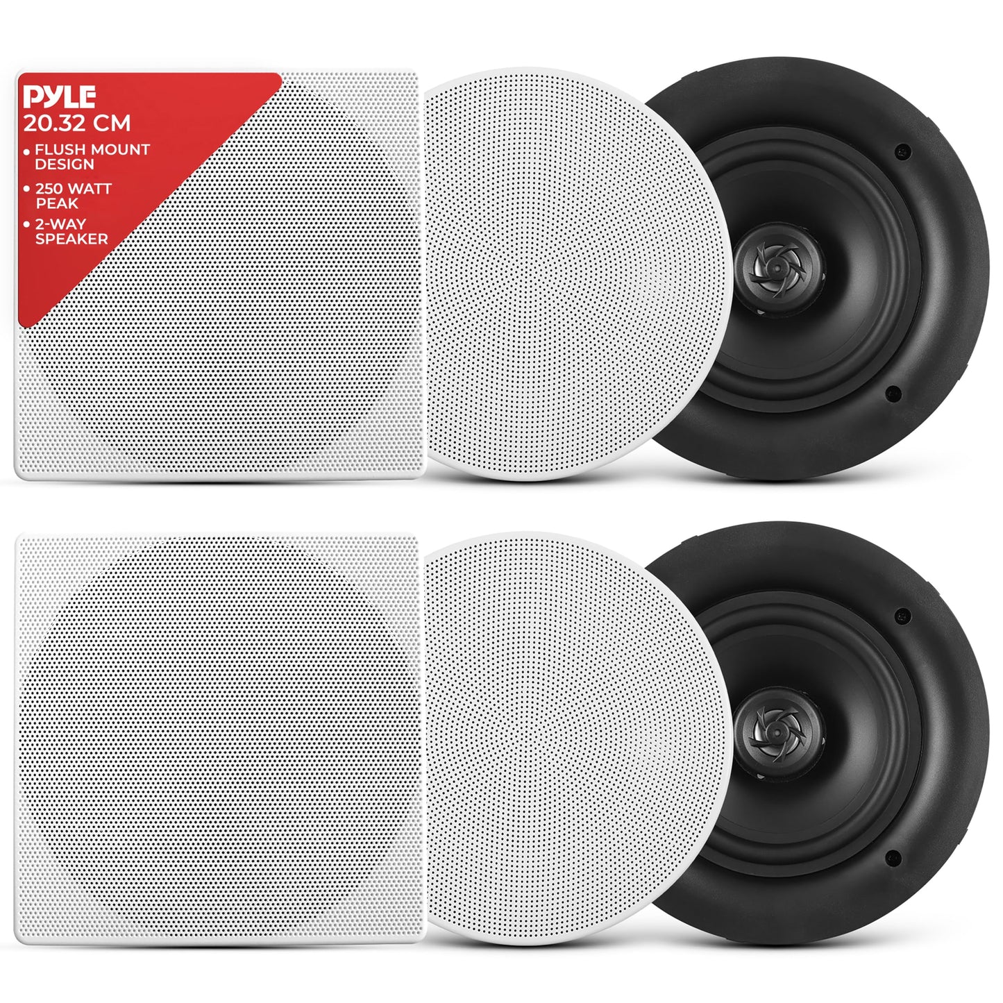 Pyle 8.0" Ceiling Wall Mount Speakers - Pair of 2-Way Full Range Sound Stereo Speaker Audio System Flush Design w/ Electronic Crossover Network 40Hz-20kHz Frequency Response & 250 Watts Peak - PDIC86
