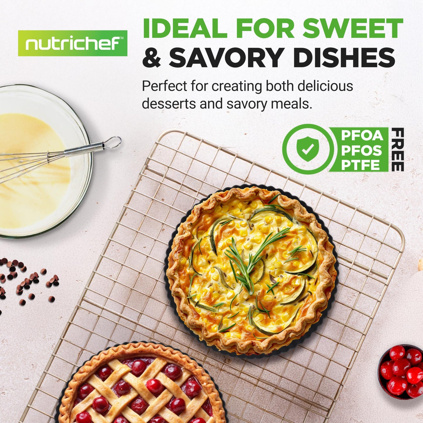 NutriChef 2 Round Tart Pans | 9 Inch Carbon Steel Tart Baking Trays with Removable Base | Nonstick & Even Heat Distribution | Includes 100 Parchment Papers | Height of 1 Inch | Black