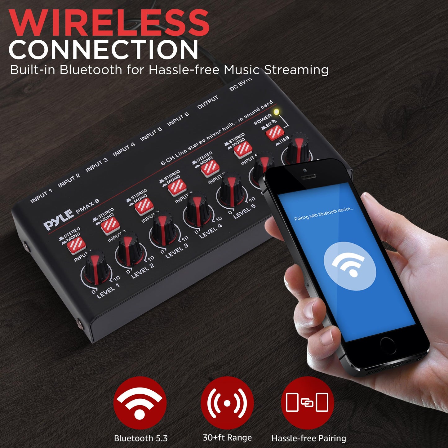 Pyle 6-Channel Wireless BT Streaming Mini Line Mixer with USB Audio Interface - 6 Mono/Stereo Switching Inputs | Ultra-low Noise Design with High Headroom | Built-in USB Sound Card - PMAX6