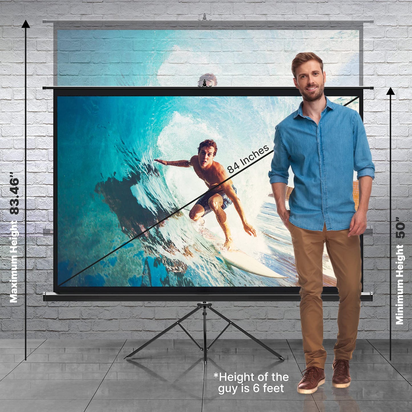 Projector Screen 84" with Floor Standing Portable Fold-Out Roll-Up Tripod Manual, Mobile Movie Screen, Home Theater Cinema Wedding Party Office Presentation, Quick Assembly