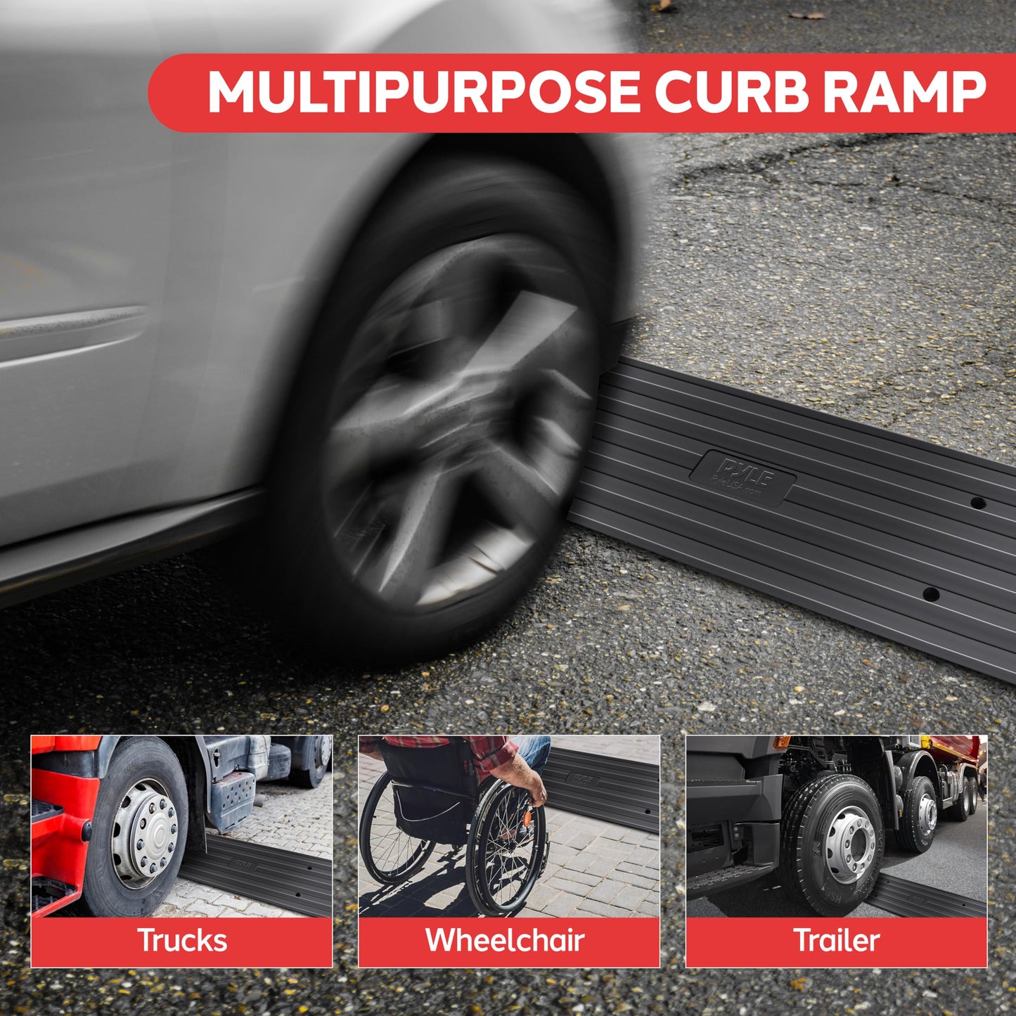 Pyle Car Vehicle Curbside Driveway Ramp - 4ft Heavy Duty Rubber Threshold Bridge Tracks Curb Ramps, 2 Pieces Set (for Car, Truck, Scooter, Bike, Motorcycle, Wheelchair Mobility), Black