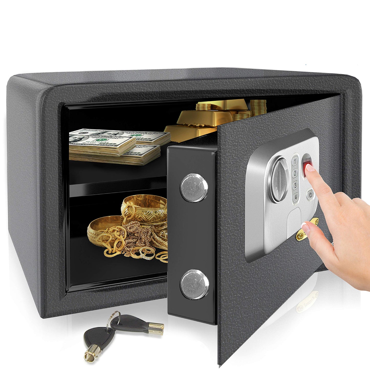 SereneLife Electronic Safe Box | Heavy Duty Money Safe | Digital Touch Pad Lockbox with Code and 2 Keys | Small Safe Box for Home or Office, Secure Cash, Jewelry, Firearms | 13.8’’ x 9.8” Black