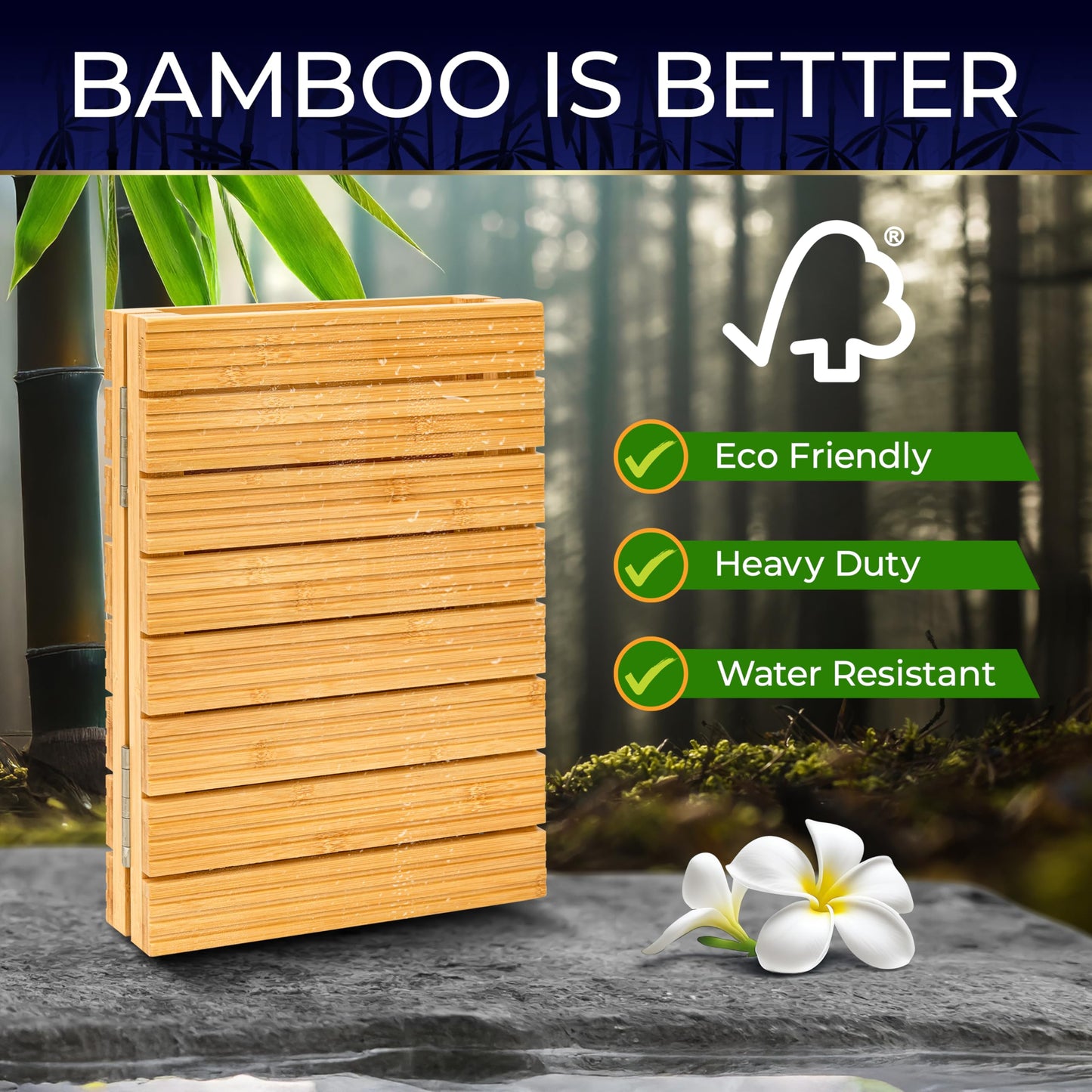 SereneLife Foldable Bamboo Bath and Shower Mat, Non-Slip Floor Mat for Bathroom, Sauna, Spa - Dual Non-Slip Surfaces, Withstands up to 300lbs Weight, Easy Storage - Natural