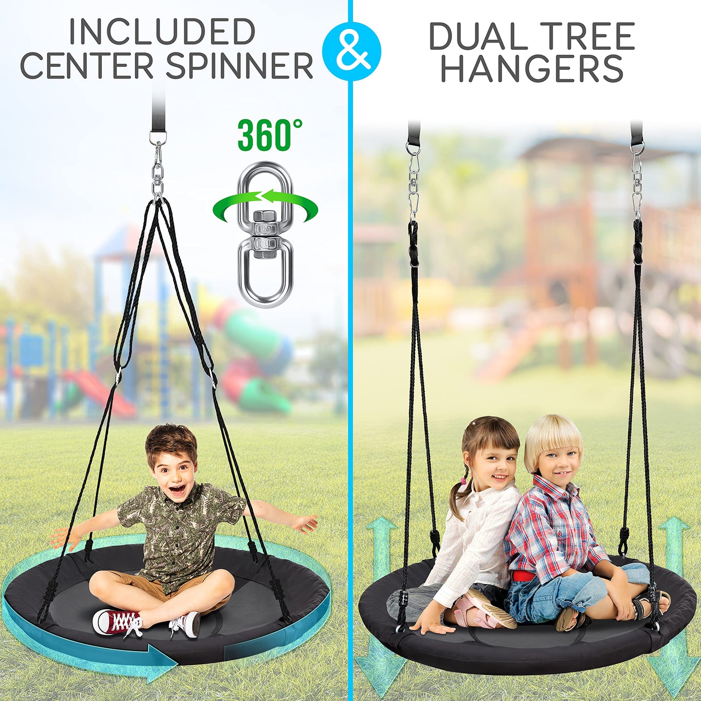 SereneLife Saucer Swing with Tree Hang Kit, 40” Outdoor Tree Swing, 2 Adjustable Hanging Rope Straps and Center Swivel Spinner for Kids (Green)