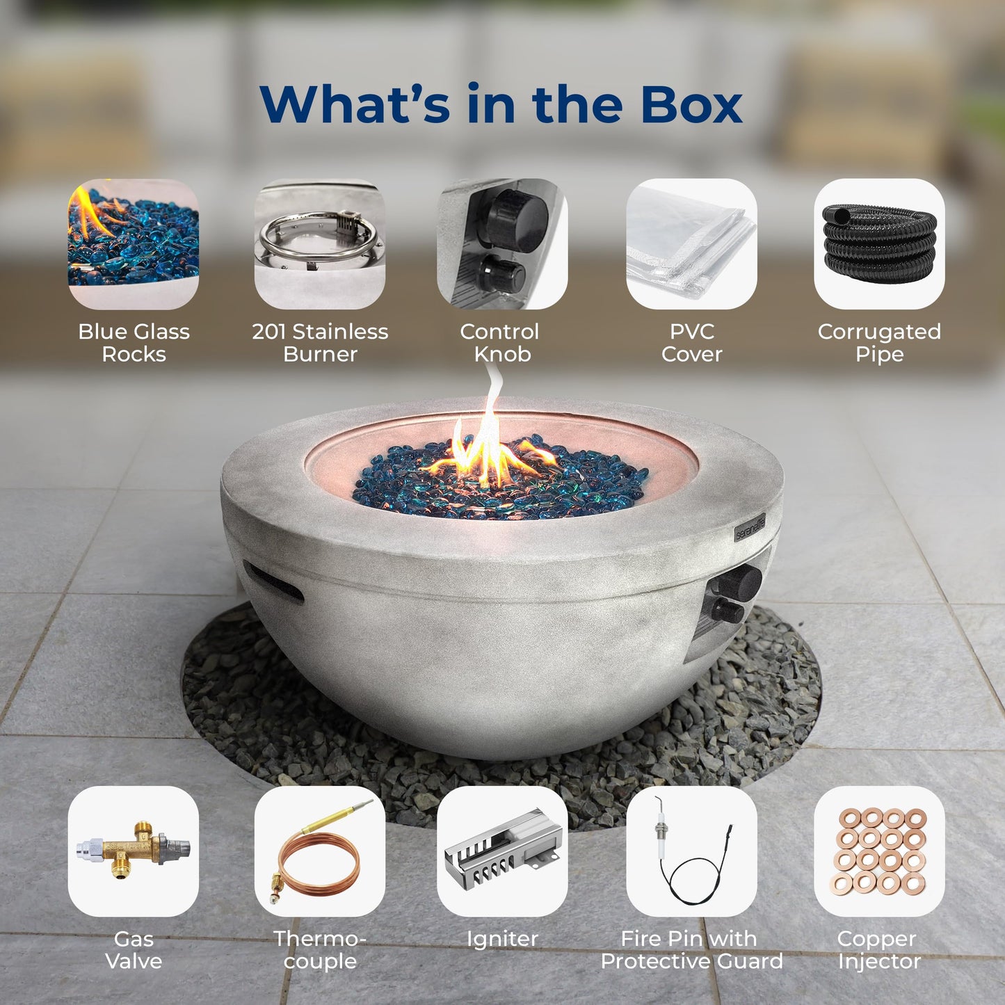 Outdoor Propane Fire Pit Table - CSA/ETL Certified Safe 40,000 Pulse Ignition Weatherproof Round Propane Gas Fire Table - Adjustable Flame, Thermocouple - PVC Cover, Lava Rock - SereneLife SLNFBAL7