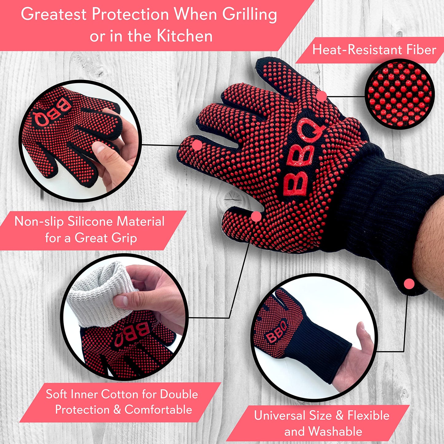 Nutrichef BBQ Gloves 1472°F Heat Resistant | Fireproof Mitts with Silicone Grip | Perfect for Men Who Love Barbecue, Grilling, Cooking, & Camping | 14'IN Food Grade Washable Kitchen Oven Mitts